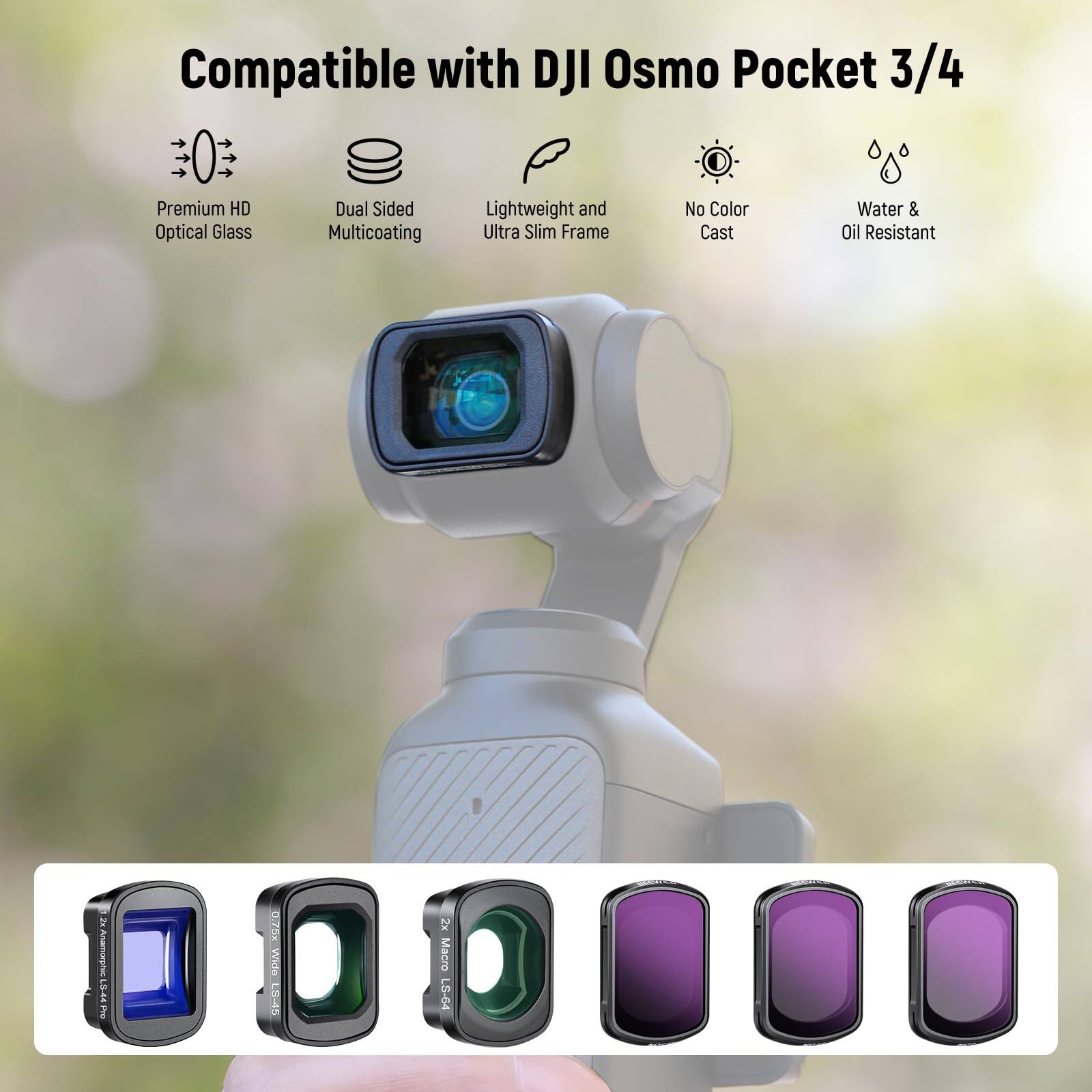 Compatible with DJI Osmo Pocket 3/4

Premium HD Optical Glass Dual Sided Multicoating Lightweight and Ultra Slim Frame No Color Cast Water & Oil Resistant

2 Anamom 2 NS 0.75K Wide 2x Macro LG-G4