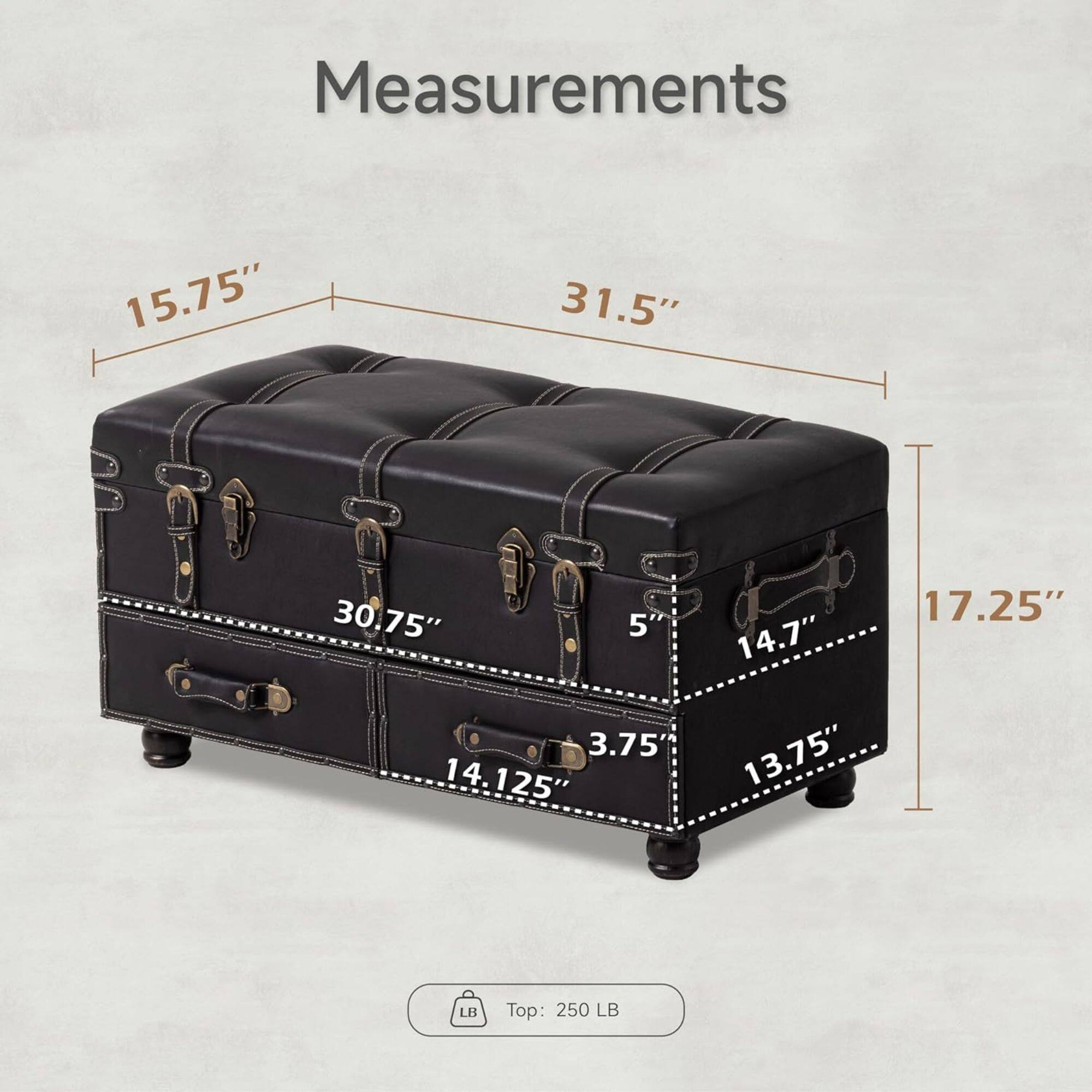 Measurements:  
- Height: 15.75"  
- Width: 31.5"  
- Depth: 30.75"  
- Top Drawer Height: 5"  
- Top Drawer Depth: 14.7"  
- Bottom Drawer Height: 3.75"  
- Bottom Drawer Depth: 13.75"  
- Overall Depth: 17.25"  

Weight Capacity: Top: 250 LB