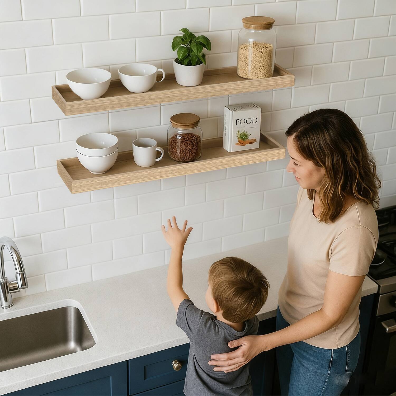 Alt View 1. BOMEDA - 2 Pack 24 in Floating Shelves, Wooden Wall Shelf for Bedroom Living Room Kitchen, Bathroom Shelves with Raised Lip - Oak.