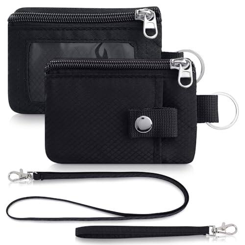 Front. Vulpecula Spade - Minimalist Wallet For Mens Womens, Keychain RFID Blocking Zipper Small Wallet with ID Window 2 Lanyards,Water Resistant - Black.