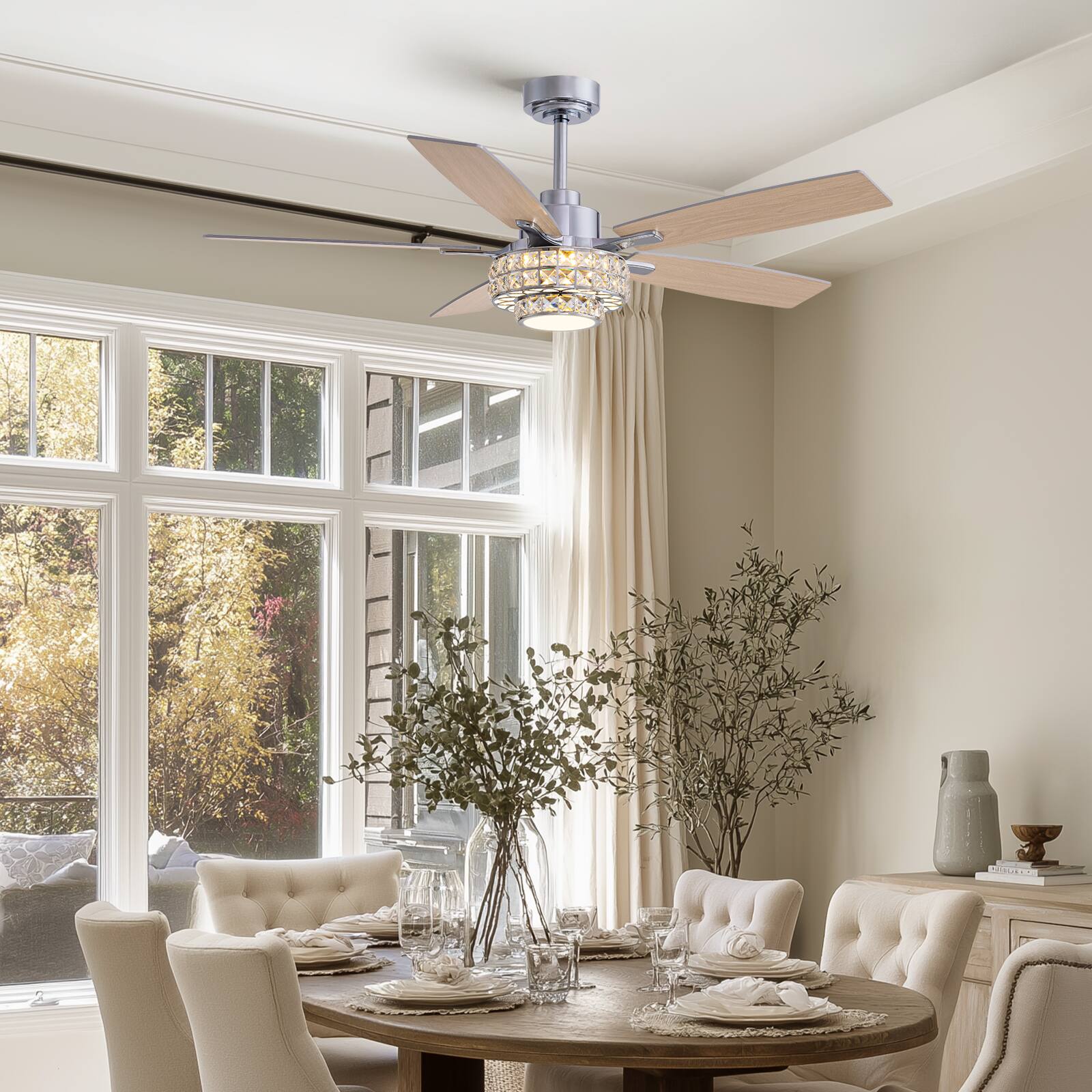 Left. Siljoy - 52-Inch Modern Double Layer Crystal Cage Ceiling Fan with Light for Living Room Bedroom and Kitchen - Chrome.