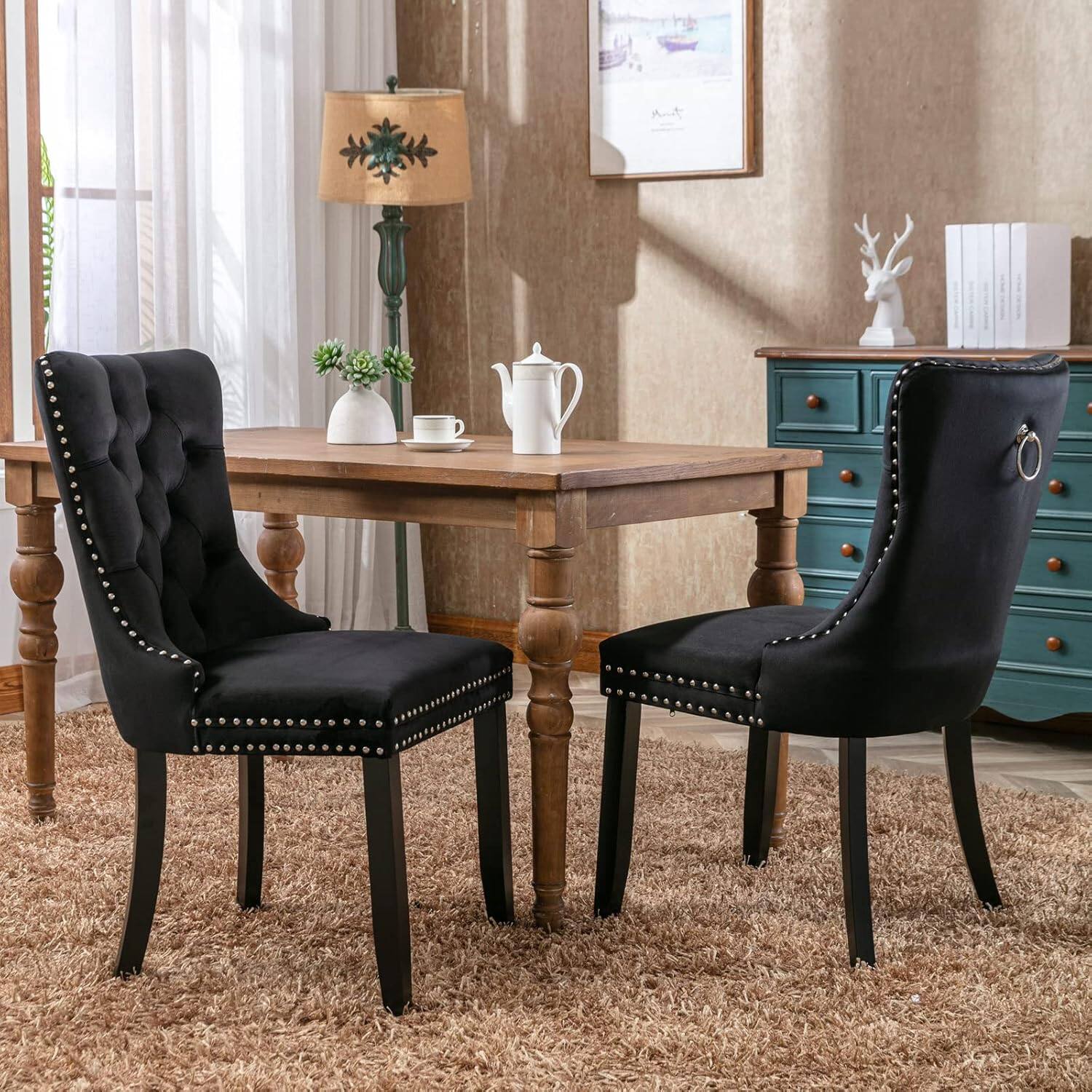 Alt View 2. Trinkets Crazed - Velvet Dining Chairs Set of 2, Upholstered High-end Tufted Dining Room Chair with Wood Legs Nailhead Trim for Kitchen - black.