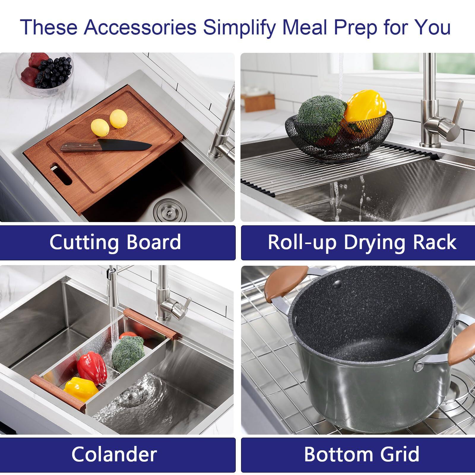 These Accessories Simplify Meal Prep for You

- Cutting Board
- Roll-up Drying Rack
- Colander
- Bottom Grid