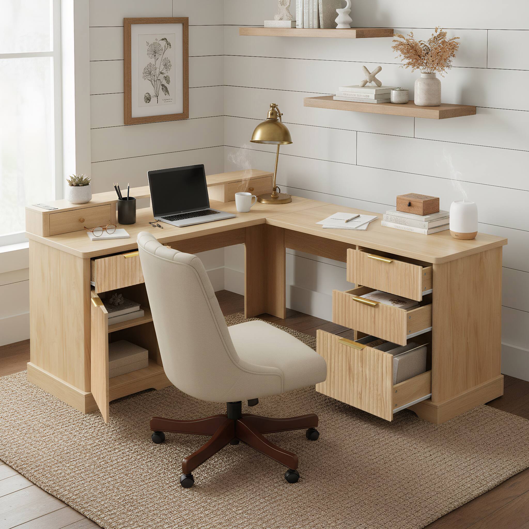 Left. Loheer - Loheer L Shaped Desk with Charging Station, Modern Fluted Oak Home Office Desk with File Drawer and Cabinet - Light Oak.