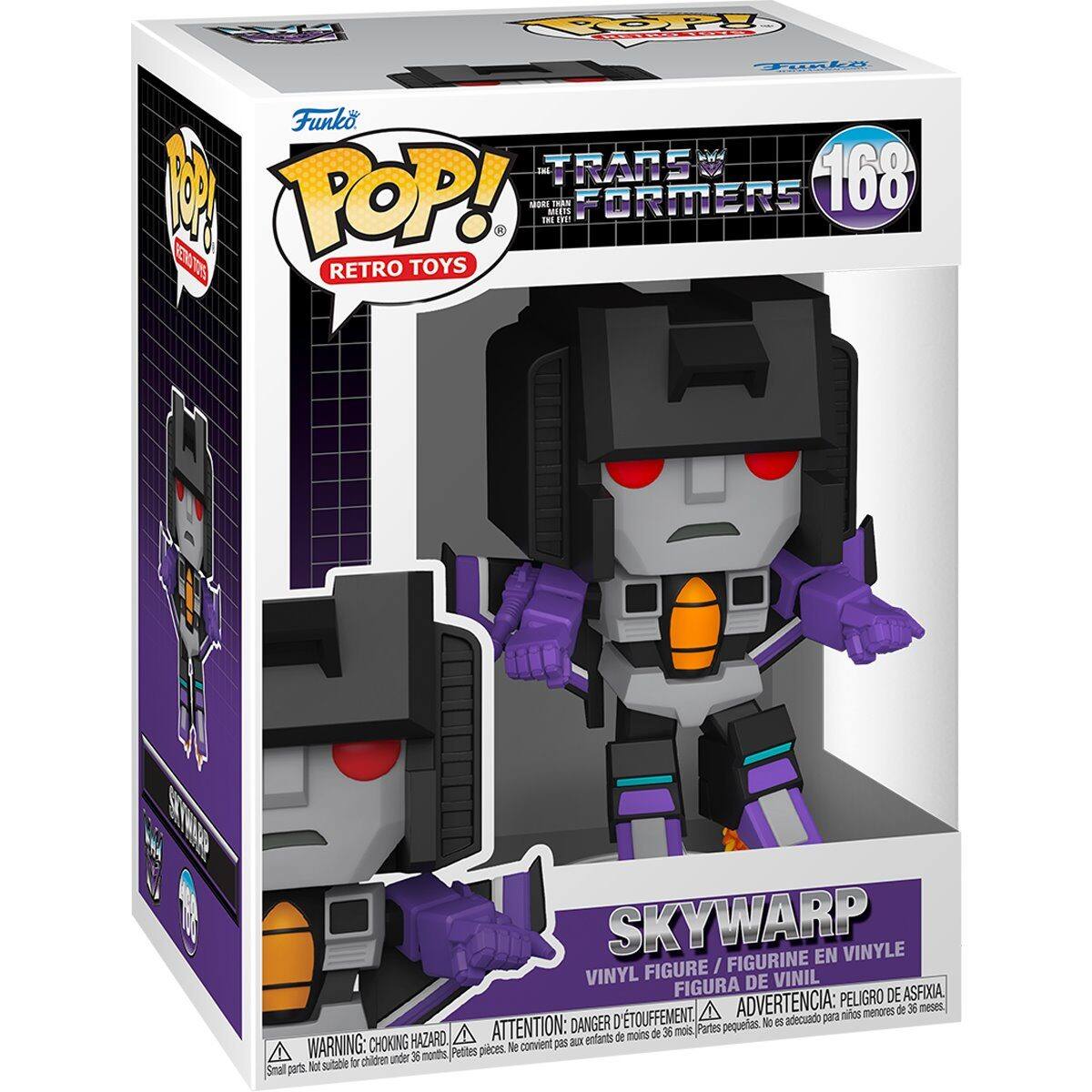 Sure, here is the corrected and grouped text from the image:

---

**Top Left:**
- Funko
- POP!
- RETRO TOYS

**Top Right:**
- TRANSFORMERS
- 168

**Main Text:**
- SKYWARP
- VINYL FIGURE / FIGURINE EN VINYLE / FIGURA DE VINIL

**Warnings:**
- WARNING: CHOKING HAZARD - Small parts. Not suitable for children under 36 months.
- ATTENTION: PELIGRO DE ASFIXIA - Piezas pequeñas. No conviene para niños menores de 36 meses.
- ADVERTENCIA: PEQUETAS PIEZAS. Ne convient pas aux enfants de moins de 36 mois.

**Additional Text:**
- POP! VINYL FIGURE / FIGURINE EN VINYLE / FIGURA DE VINIL
- DANGER: PELIGRO DE ASFIXIA - Piezas pequeñas. No conviene para niños menores de 36 meses.
- ATTENTION: PELIGRO DE ASFIXIA - Piezas pequeñas. No conviene para niños menores de 36 meses.
- WARNING: CHOK