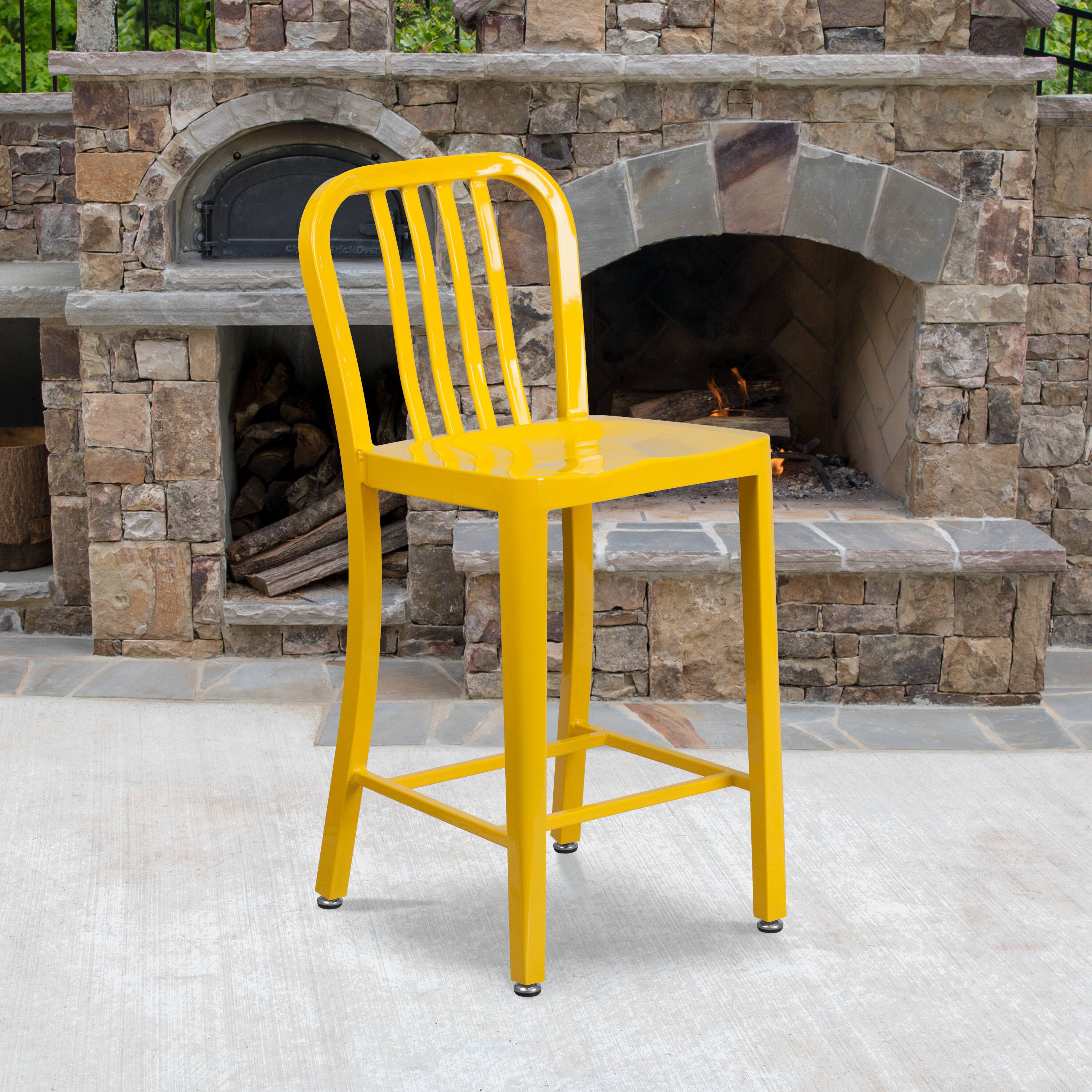 Alt View 1. Emma + Oliver - Commercial Grade 24"H Colorful Metal Indoor-Outdoor Vertical Slat Counter Stool - Yellow.