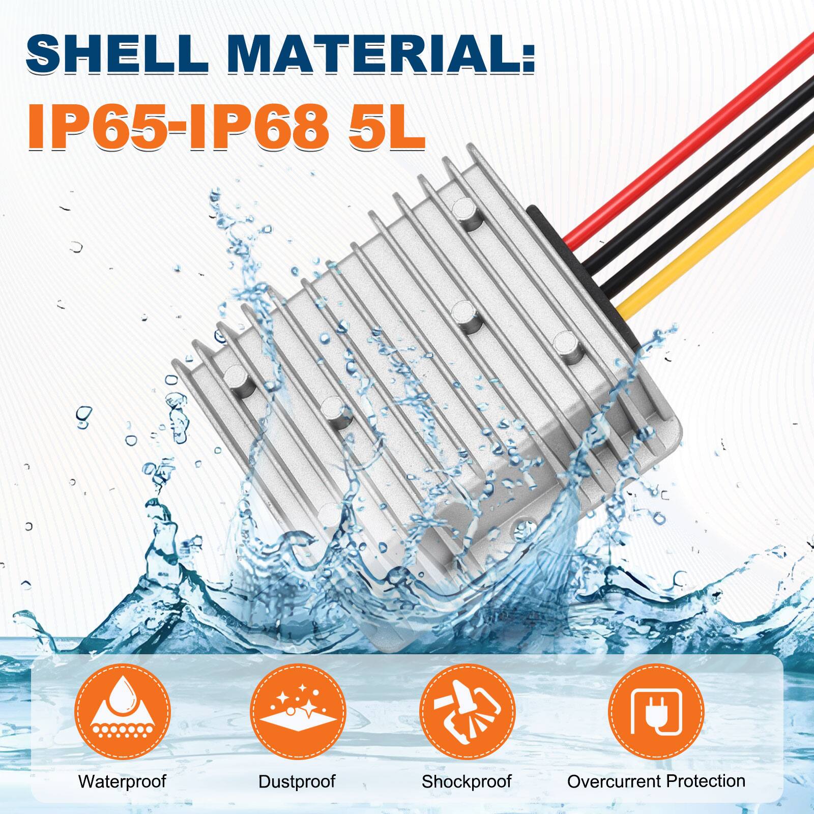SHELL MATERIAL: IP65-IP68 5L  
Waterproof  
Dustproof  
Shockproof  
Overcurrent Protection