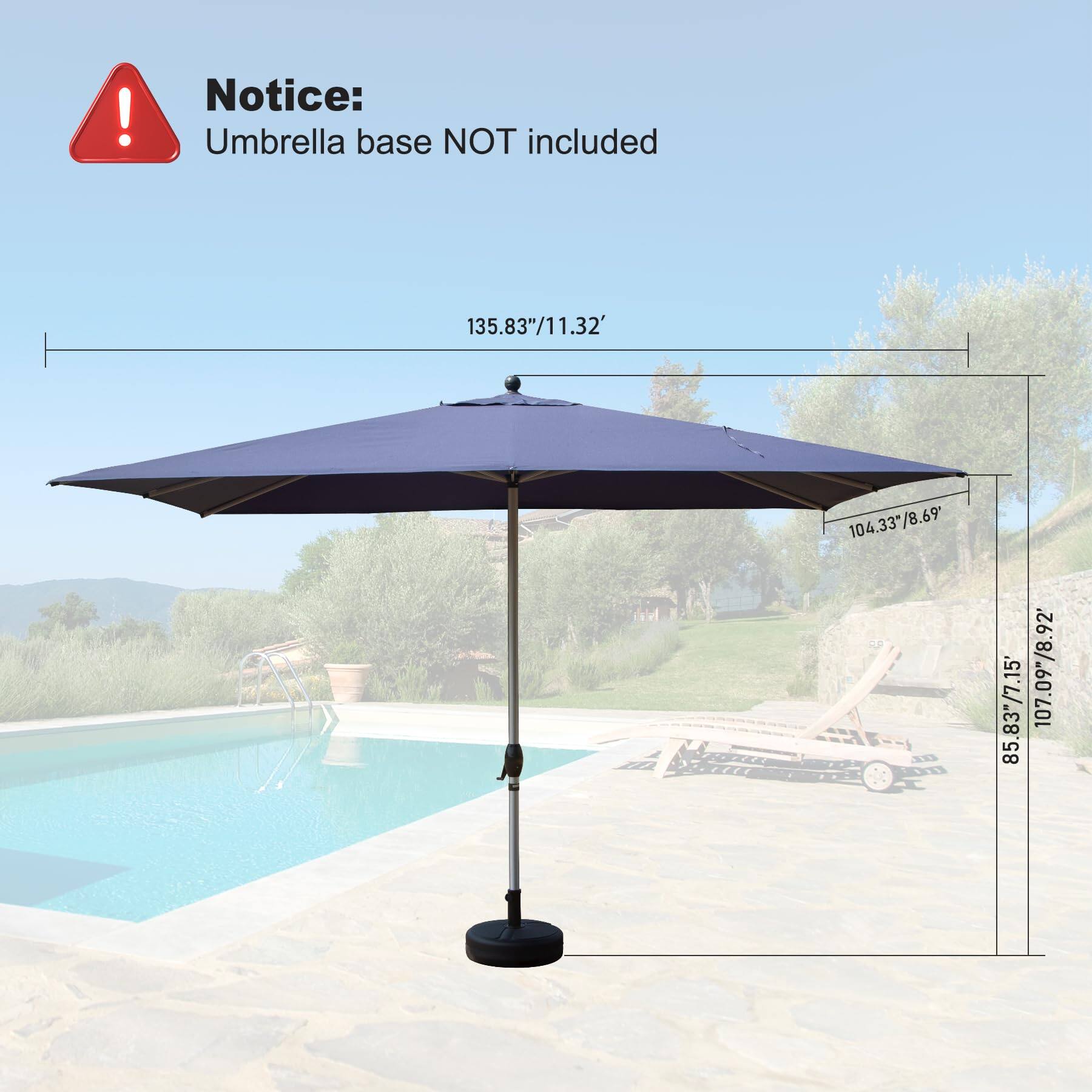 Notice: Umbrella base NOT included

135.83"/11.32'

104.33"/8.69'

85.83"/7.15'

107.09"/8.92'
