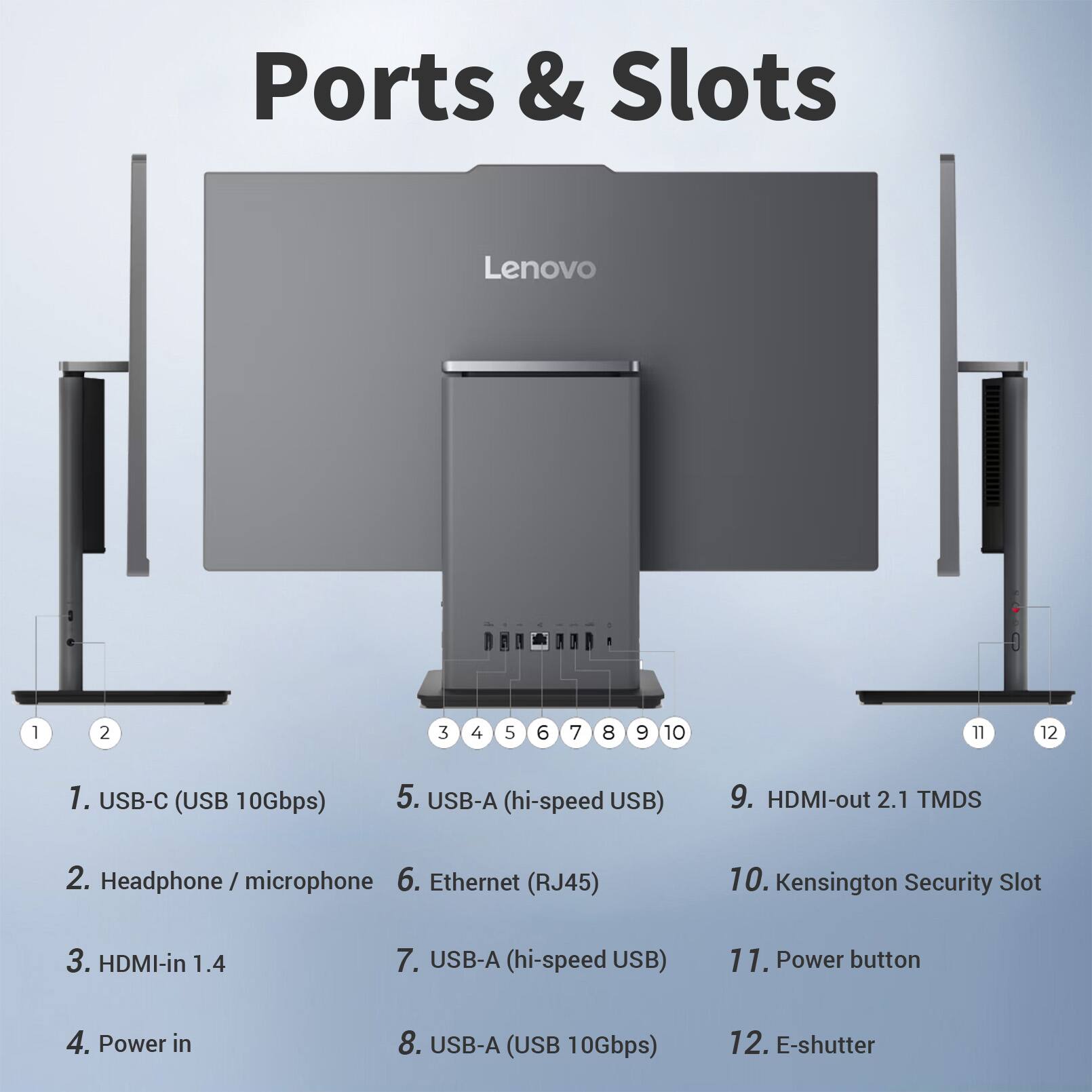 Ports & Slots

1. USB-C (USB 10Gbps)
2. Headphone / microphone
3. HDMI-in 1.4
4. Power in
5. USB-A (hi-speed USB)
6. Ethernet (RJ45)
7. USB-A (hi-speed USB)
8. USB-A (USB 10Gbps)
9. HDMI-out 2.1 TMDS
10. Kensington Security Slot
11. Power button
12. E-shutter