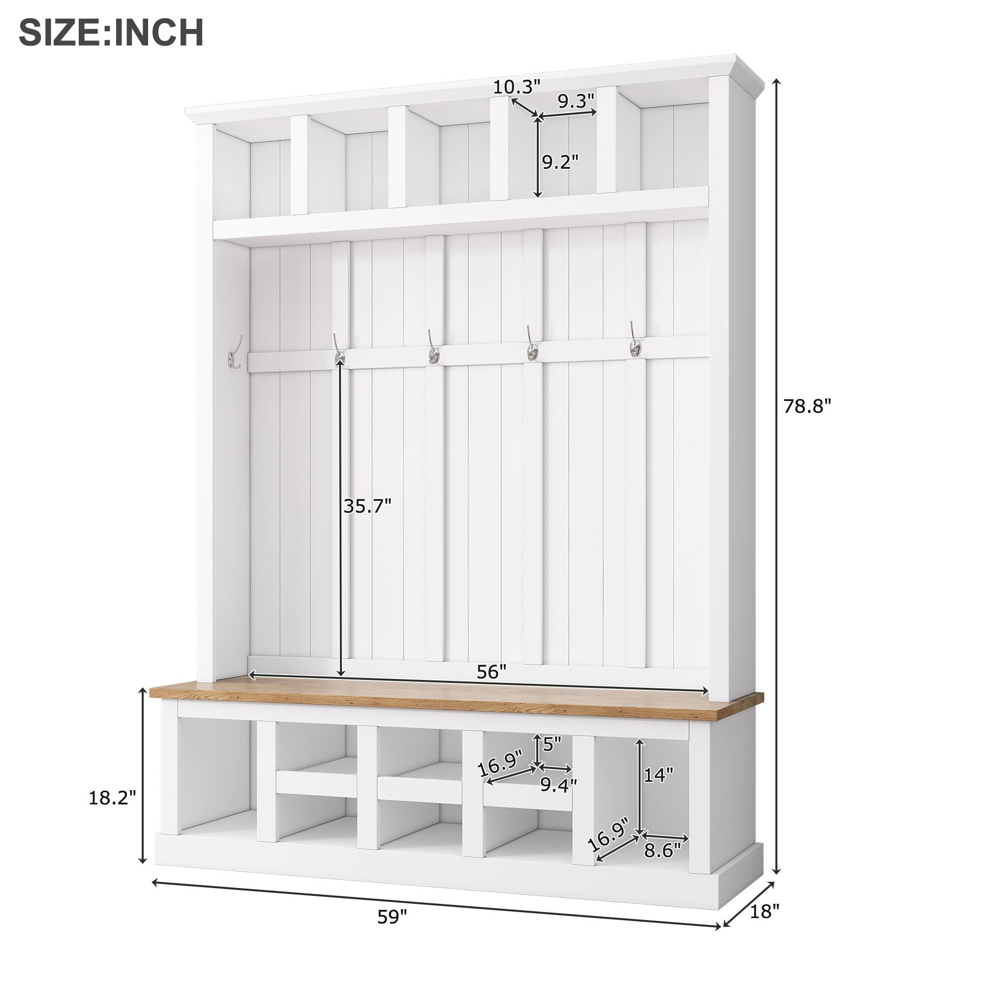 SIZE: INCH  
10.3" 9.3" 9.2" 78.8" 35.7" 56" 18.2" 5" 16.9" 14" 9.4" 16.9" 8.6" 59" 18"