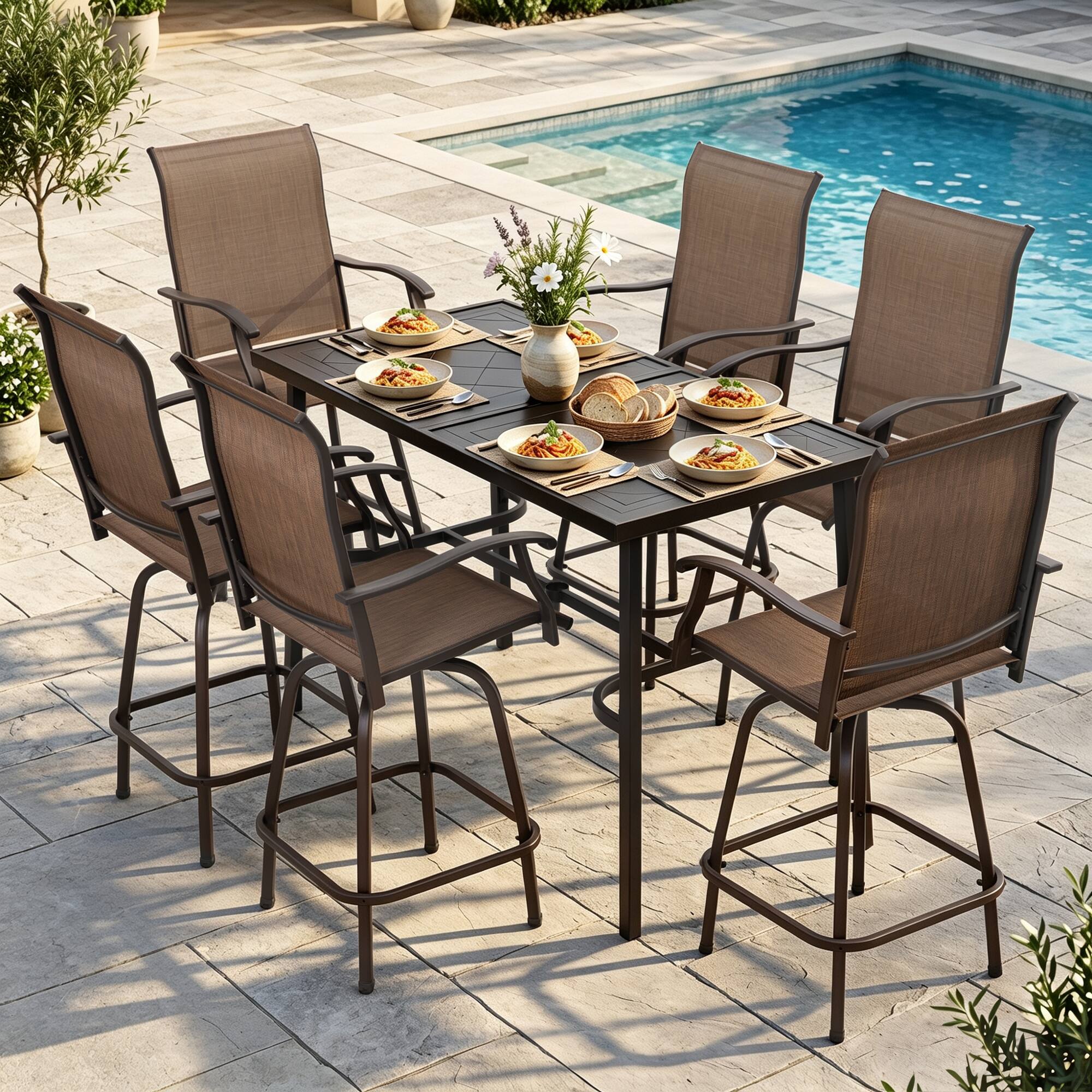 Left. Nuu Garden - Metal Rectangular Outdoor Bar Table with Diamond-Patterned Tabletop - Black.