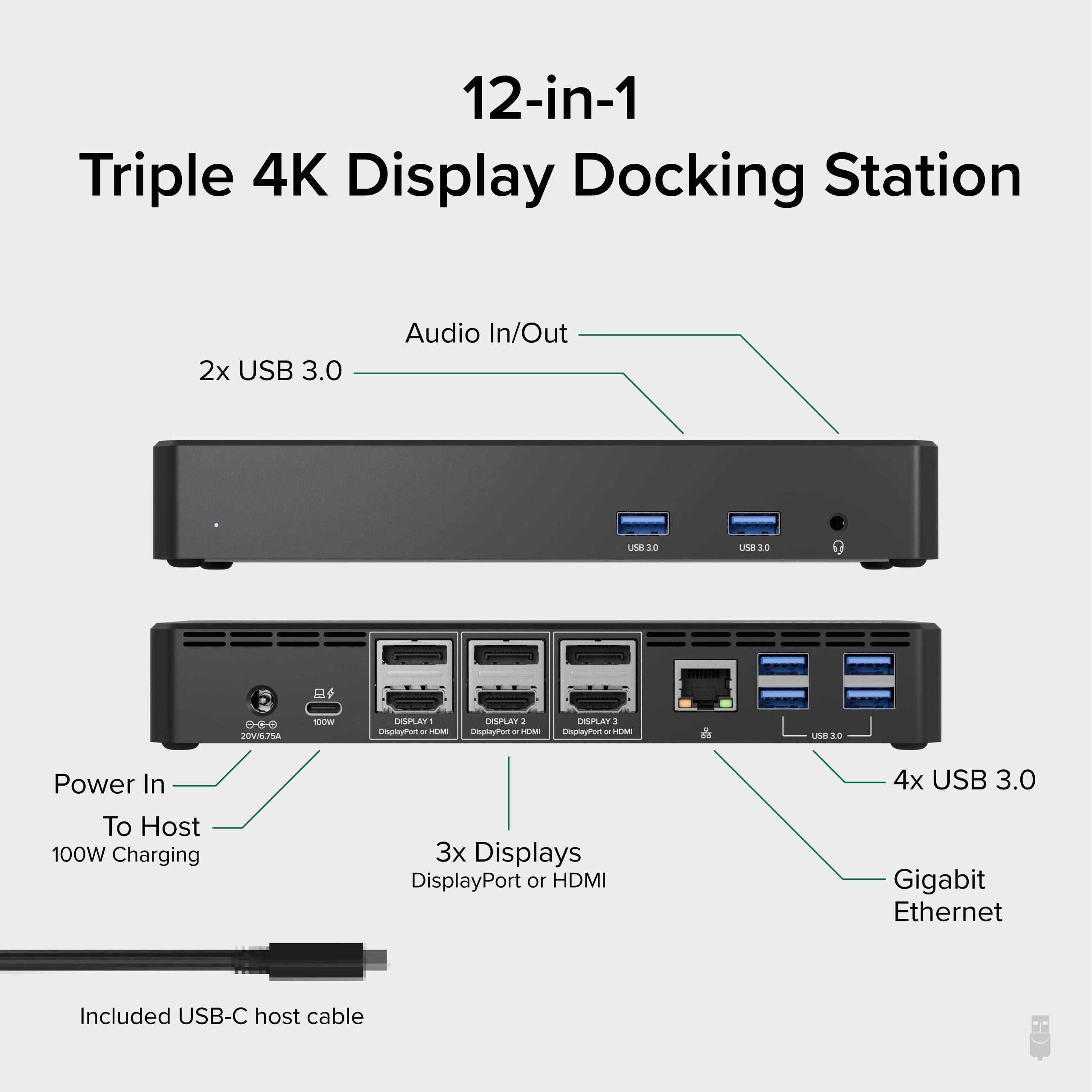 12-in-1 Triple 4K Display Docking Station

2x USB 3.0 Audio In/Out
4x USB 3.0
3x Displays DisplayPort or HDMI
Gigabit Ethernet
Power In To Host 100W Charging
Included USB-C host cable