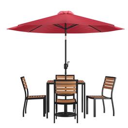 Emma + Oliver - 7 Piece Patio Table Set - Synthetic Faux Teak Stackable Chairs - Faux Teak Table - Umbrella with Base - Red