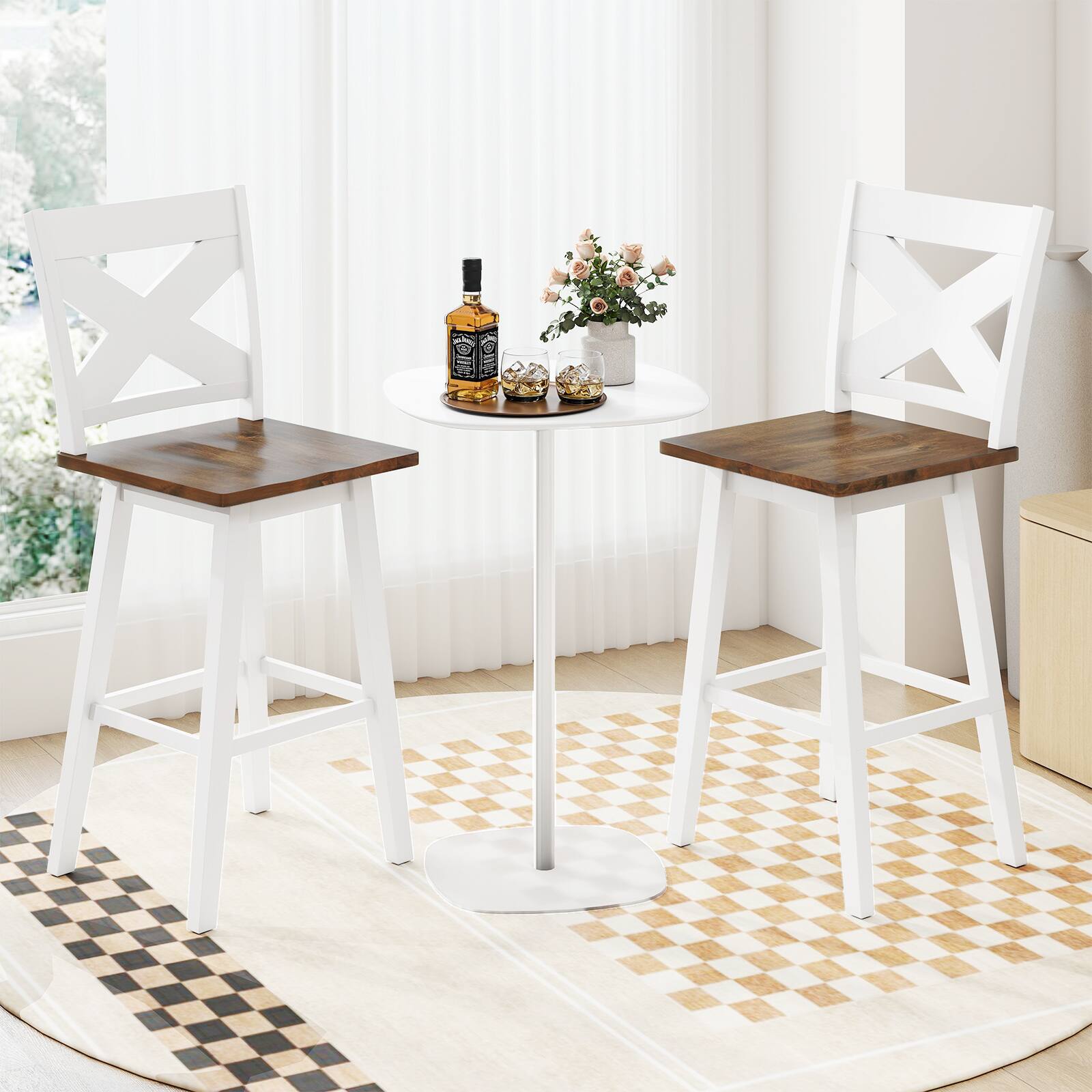 Alt View 3. Gymax - Gymax 29'' Swivel Barstools Set of 4 w/Backrest Large Seat Footrest for Kitchen Island White & Walnut - White.