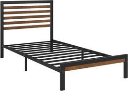 Hivvago - Twin Metal Platform Bed Frame with Bamboo Wood Slatted Headboard and Footboard - Brown