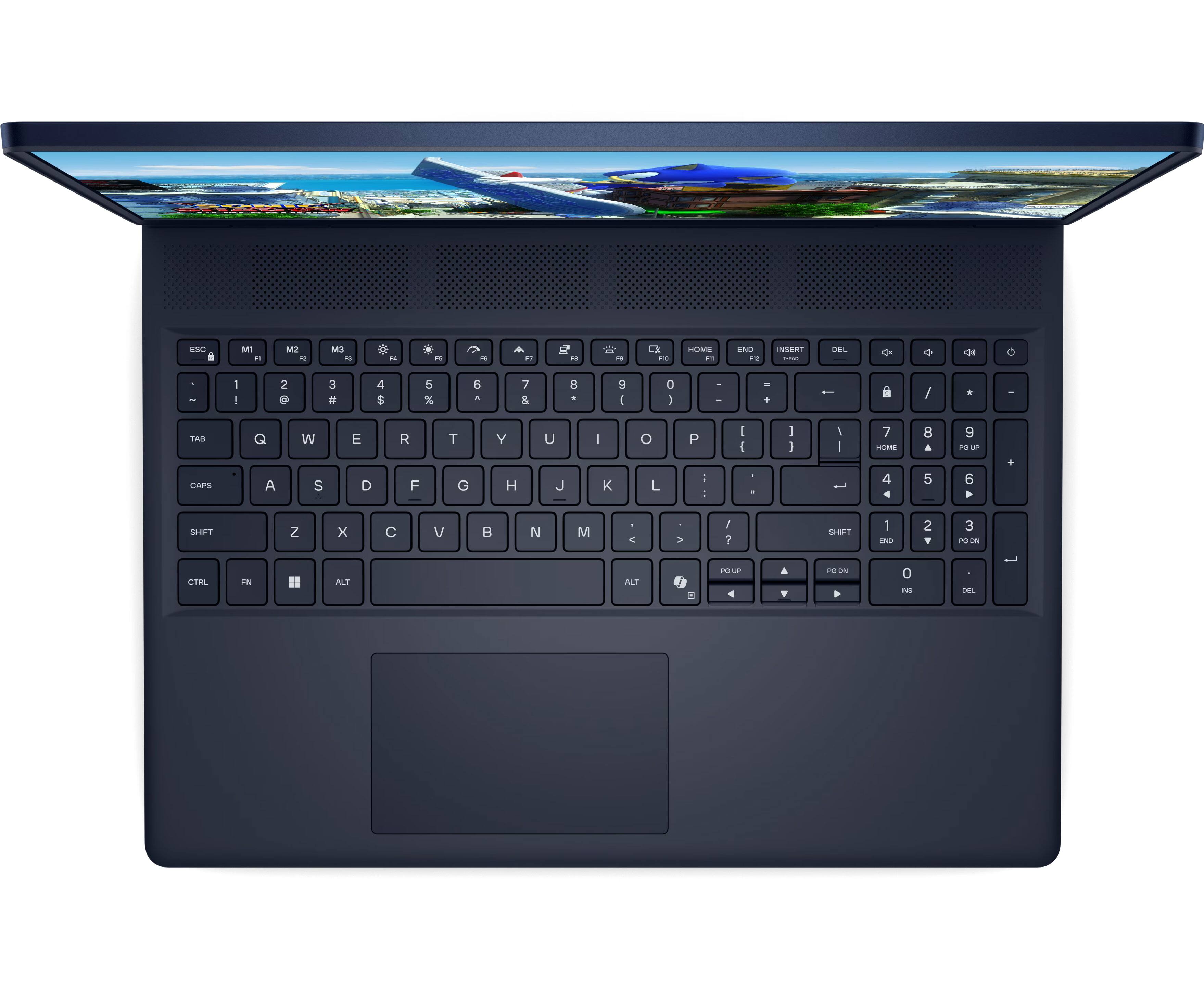 Sure, here is the corrected and grouped text from the image:

**Top Row:**
- ESC MI M2 M3 F1 F2 F3 F4 F5 F6 F7 F8 F9 F10 F11 F12

**Number Row:**
- 1 2 3 4 5 6 7 8 9 0 - = \ [ ] \

**QWERTY Row:**
- Q W E R T Y U I O P

**A Row:**
- A S D F G H J K L ; '

**Z Row:**
- Z X C V B N M , . / 

**Function Keys:**
- TAB CAPS SHIFT CTRL ALT FN

**Special Keys:**
- HOME END INSERT DEL PG UP PG DN

**Numeric Keypad:**
- 7 8 9 4 5 6 1 2 3 0 . 

**Other Keys:**
- ALT PG UP PG DN

**Touchpad:**
- (No text, just the touchpad area)

This should match the layout of the keyboard in the image.