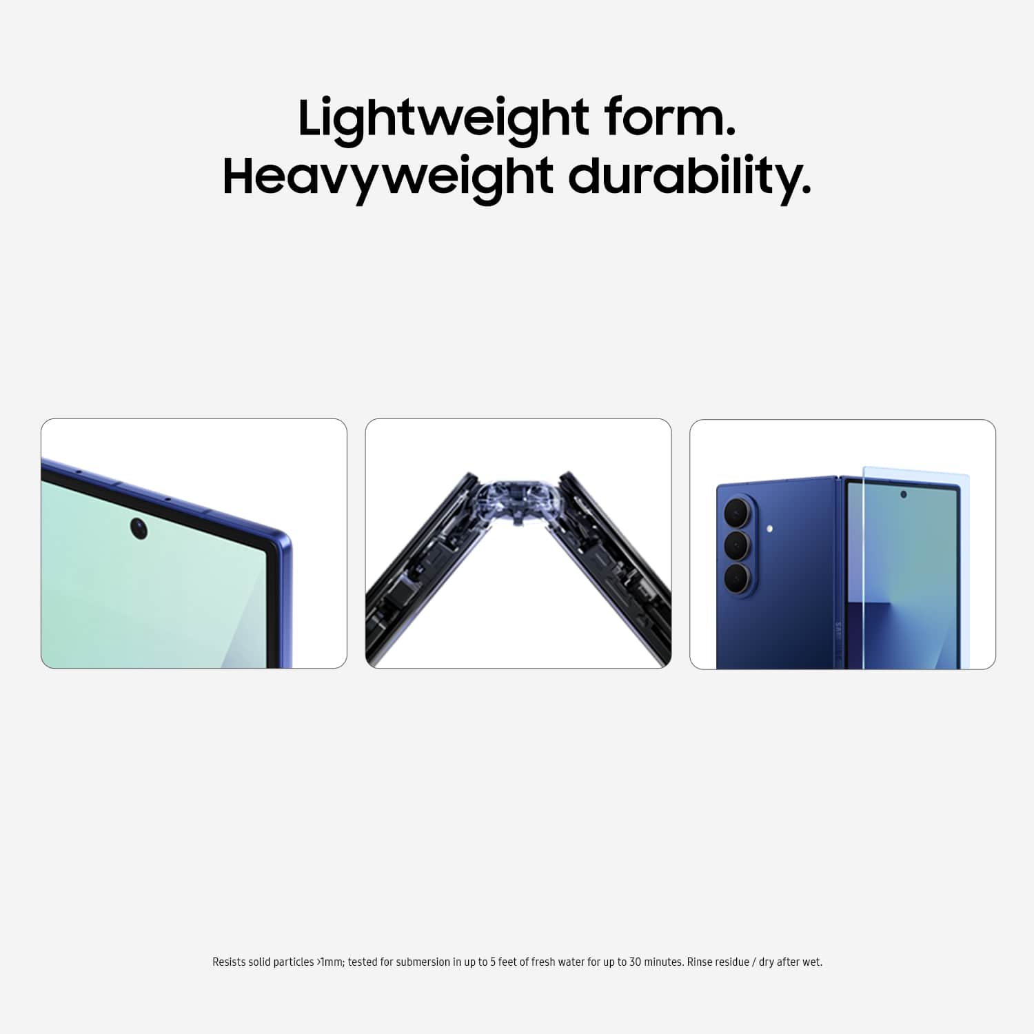 Lightweight form. Heavyweight durability. Resists solid particles. Tested for submersion in up to 5 feet of fresh water for up to 30 minutes. Rinse residue / dry after wet.