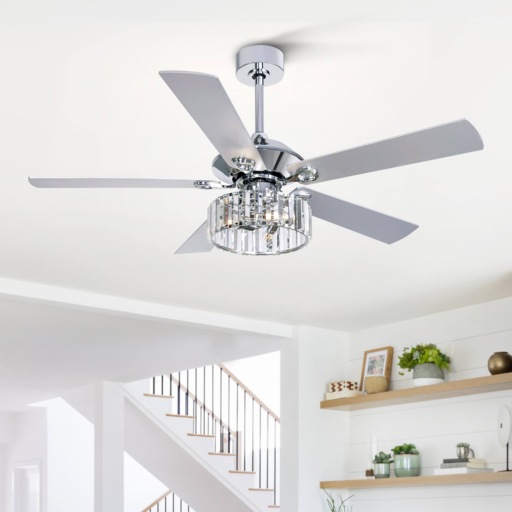 Alt View 1. Breezary - 52" Indoor Chandelier Ceiling Fan with Silver Blades & Crystal E12 Triple Light - Remote Included (5-Blade) - Chrome.