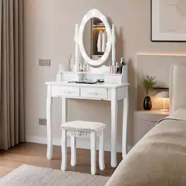 WELLFOR - Classic Makeup Vanity Dressing Table Set with 360° Rotatable Mirror,4‑Drawer Classified Storage and Padded Stool - White