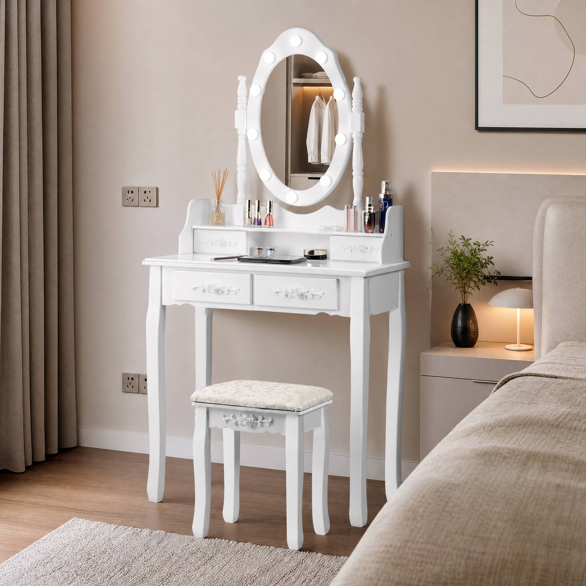 WELLFOR Classic Makeup Vanity Dressing Table Set with 360° Rotatable ...