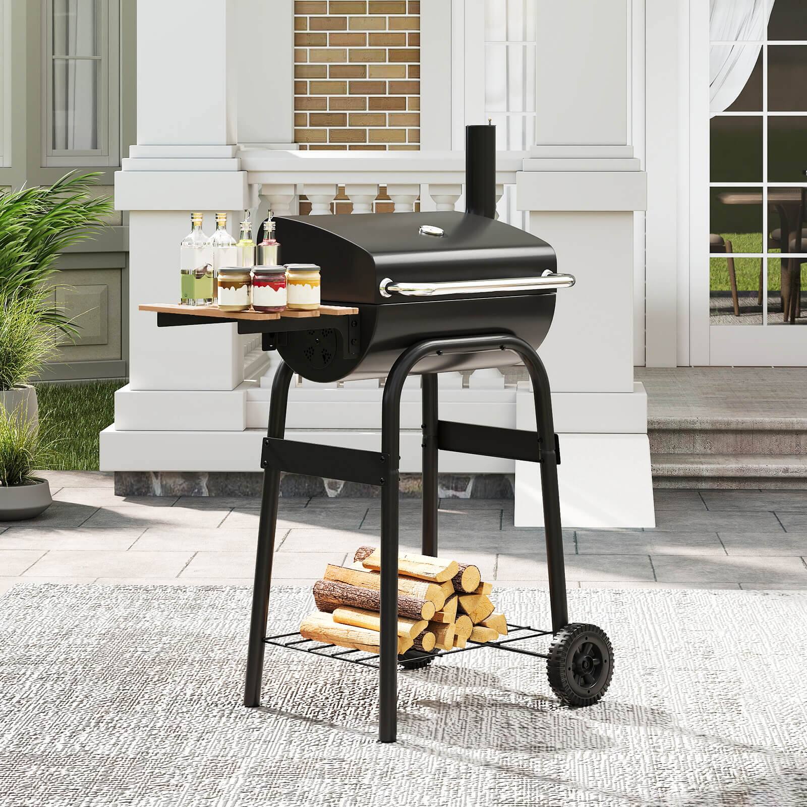 Alt View 1. Costway - Costway Barrel Charcoal Grill with Foldable Side Table Built-in Thermometer & Storage Shelf - Black.