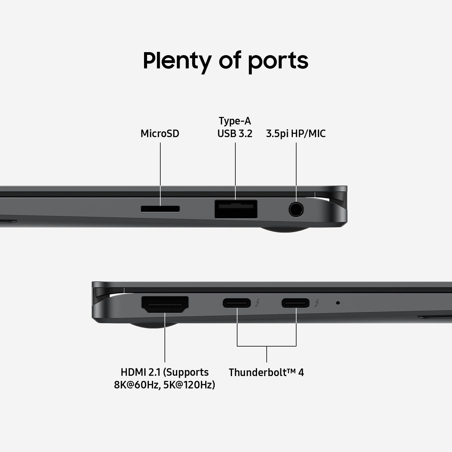 Plenty of ports: MicroSD, Type-A USB 3.2, 3.5pi HP/MIC, HDMI 2.1 (Supports ThunderboltTM 4 8K@60Hz, 5K@120Hz).