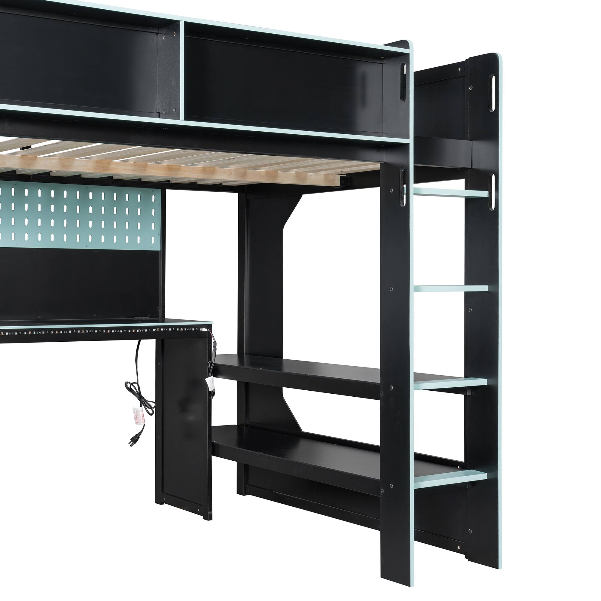 Alt View 7. Whisen - Gaming Loft Bed with Desk, RGB LED Lights, Charging Station & Storage, Sturdy Wood Frame - Black|Blue.