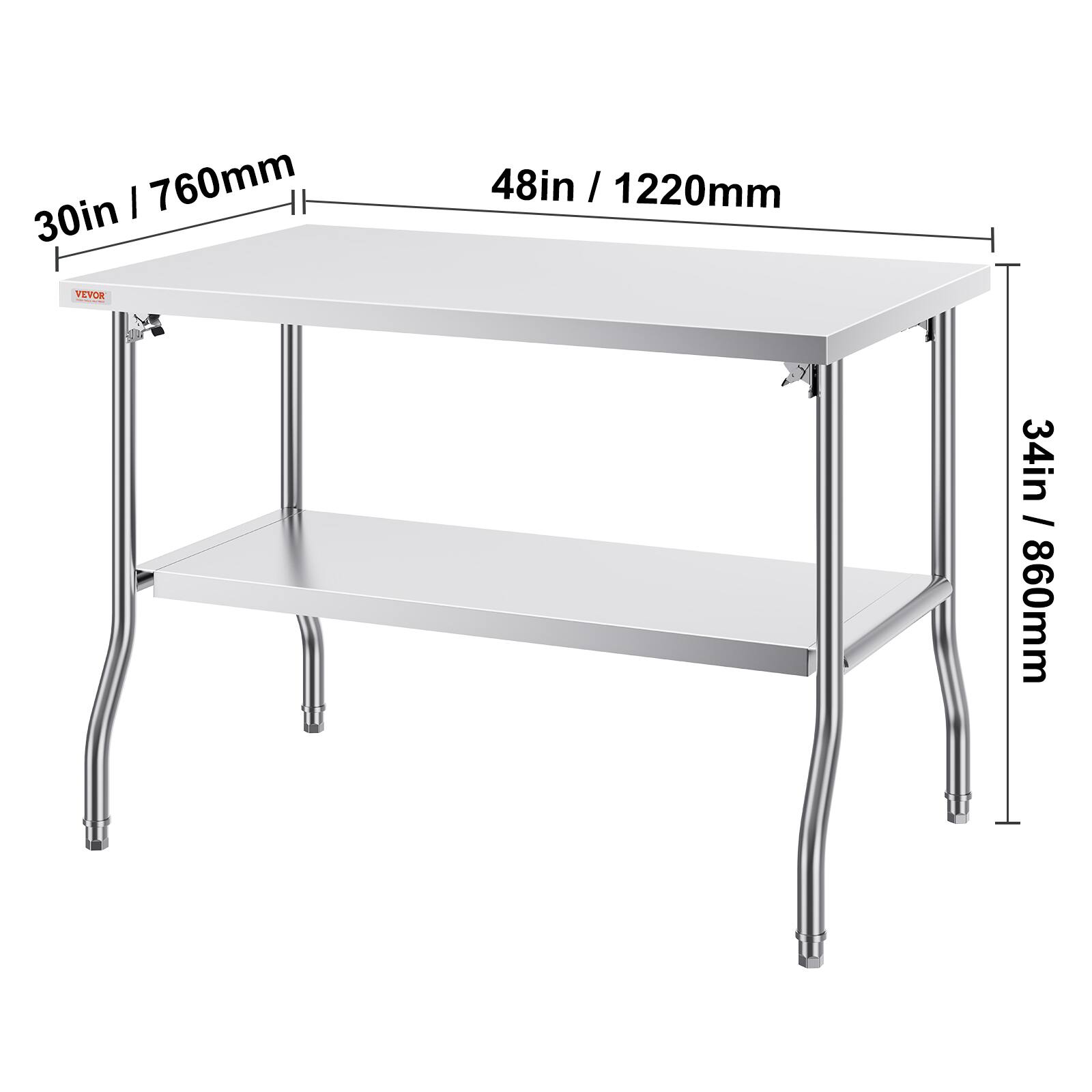 - Width: 48in / 1220mm
- Depth: 30in / 760mm
- Height: 34in / 860mm