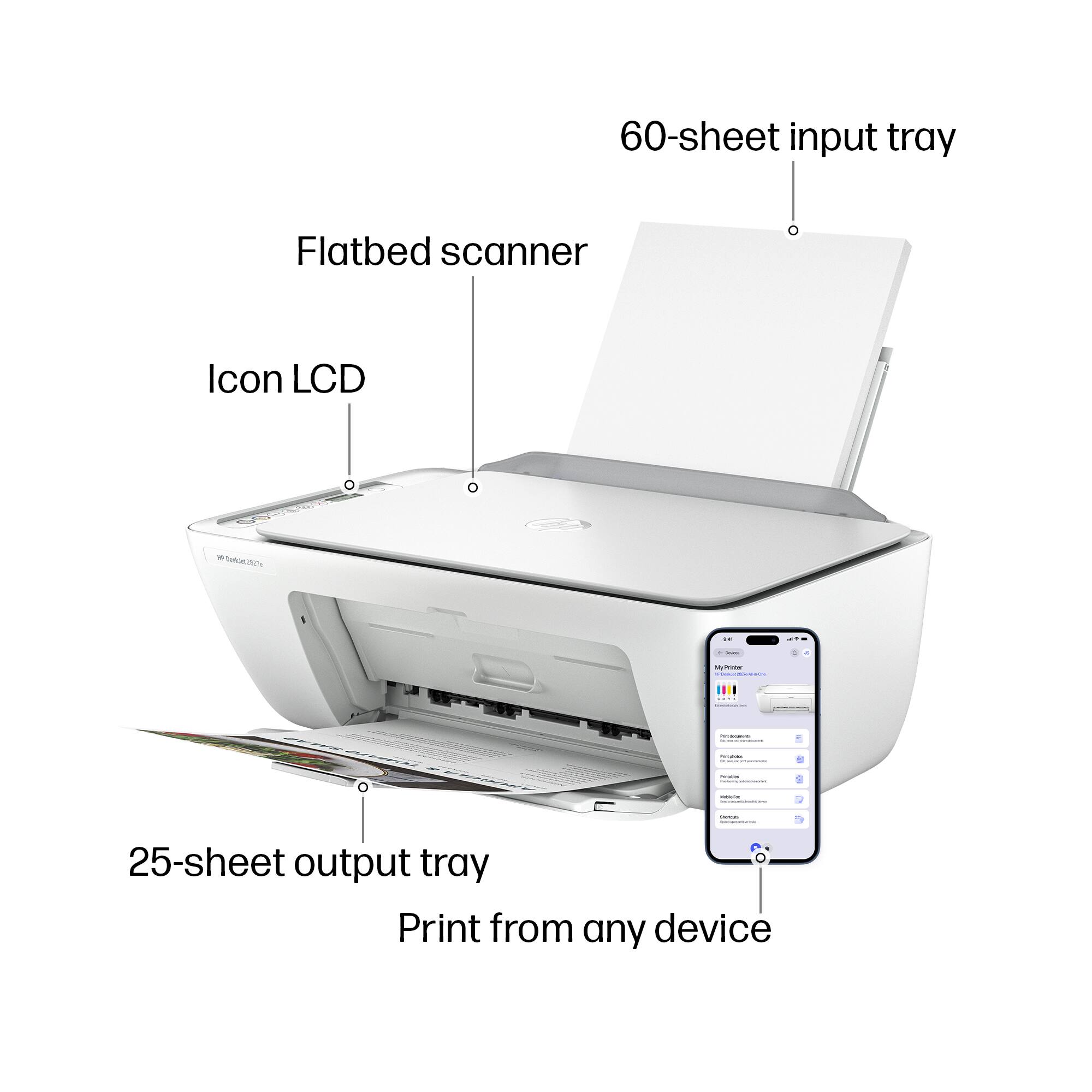 - 60-sheet input tray
- Flatbed scanner
- Icon LCD
- 25-sheet output tray
- Print from any device
