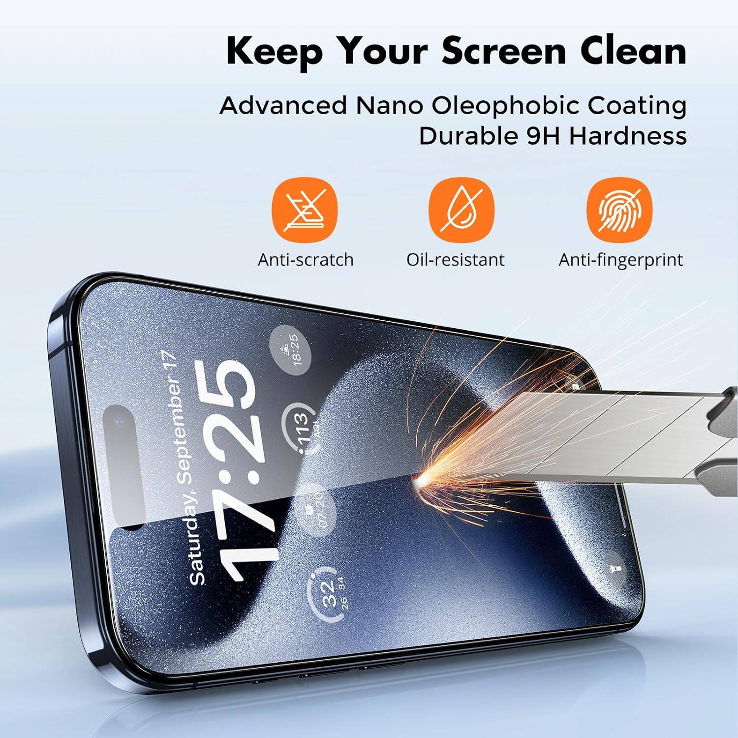 Keep Your Screen Clean  
Advanced Nano Oleophobic Coating  
Durable 9H Hardness  
Anti-scratch  
Oil-resistant  
Anti-fingerprint  

18:25  
17 September  
113  
Saturday, 17:25  
07:20  
32  
34  
26