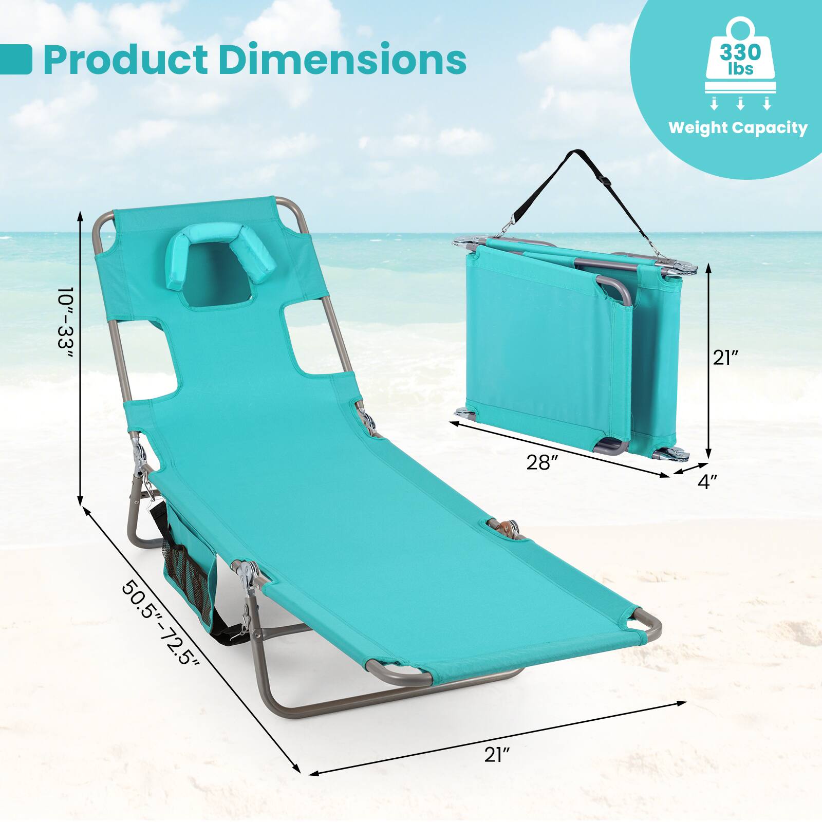 Product Dimensions  
330 lbs Weight Capacity  
10"-33"  
21"  
28"  
4"  
50.5"-72.5"  
21"