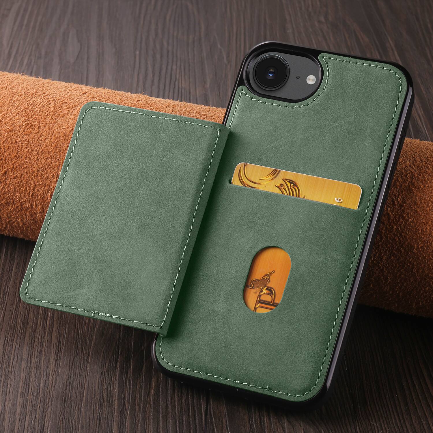 Angle. Dteck - Dteck RFID Blocking Back Wallet Case for iPhone 16E / 17E, Shockproof PU Leather Kickstand Rugged Cover - Green.