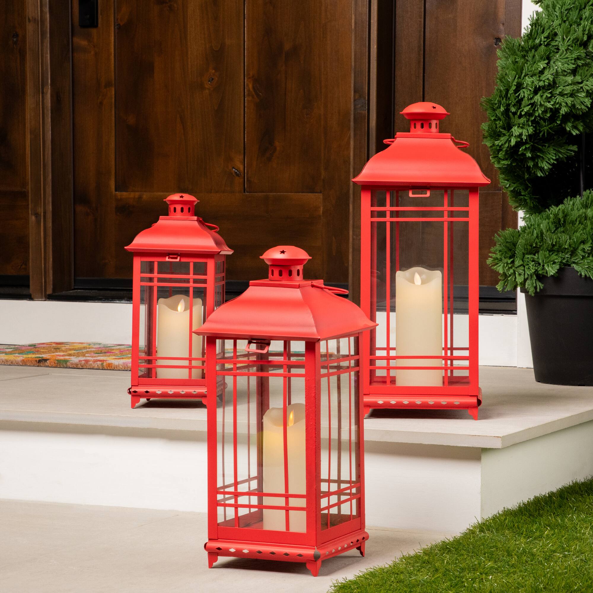 Front. Northlight - Mission Style Metal Candle Lanterns - 19.5" - Red - Set of 3 - Red.
