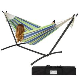 Hivvago - Portable Stripe Cotton Hammock with Metal Stand and Carry Case - Blue Green