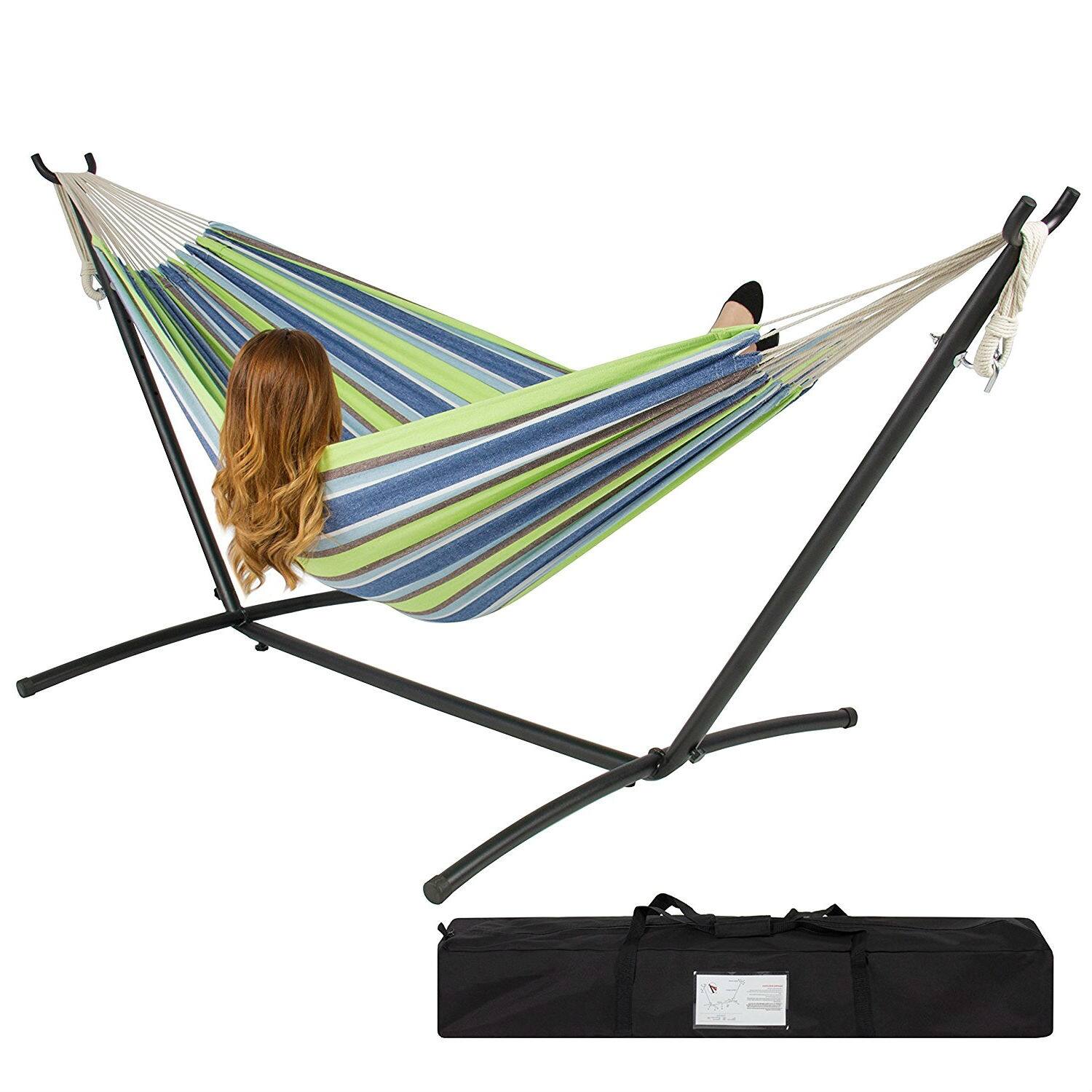 Front. Hivvago - Portable Blue Green Stripe Cotton Hammock with Metal Stand and Carry Case - Blue Green.