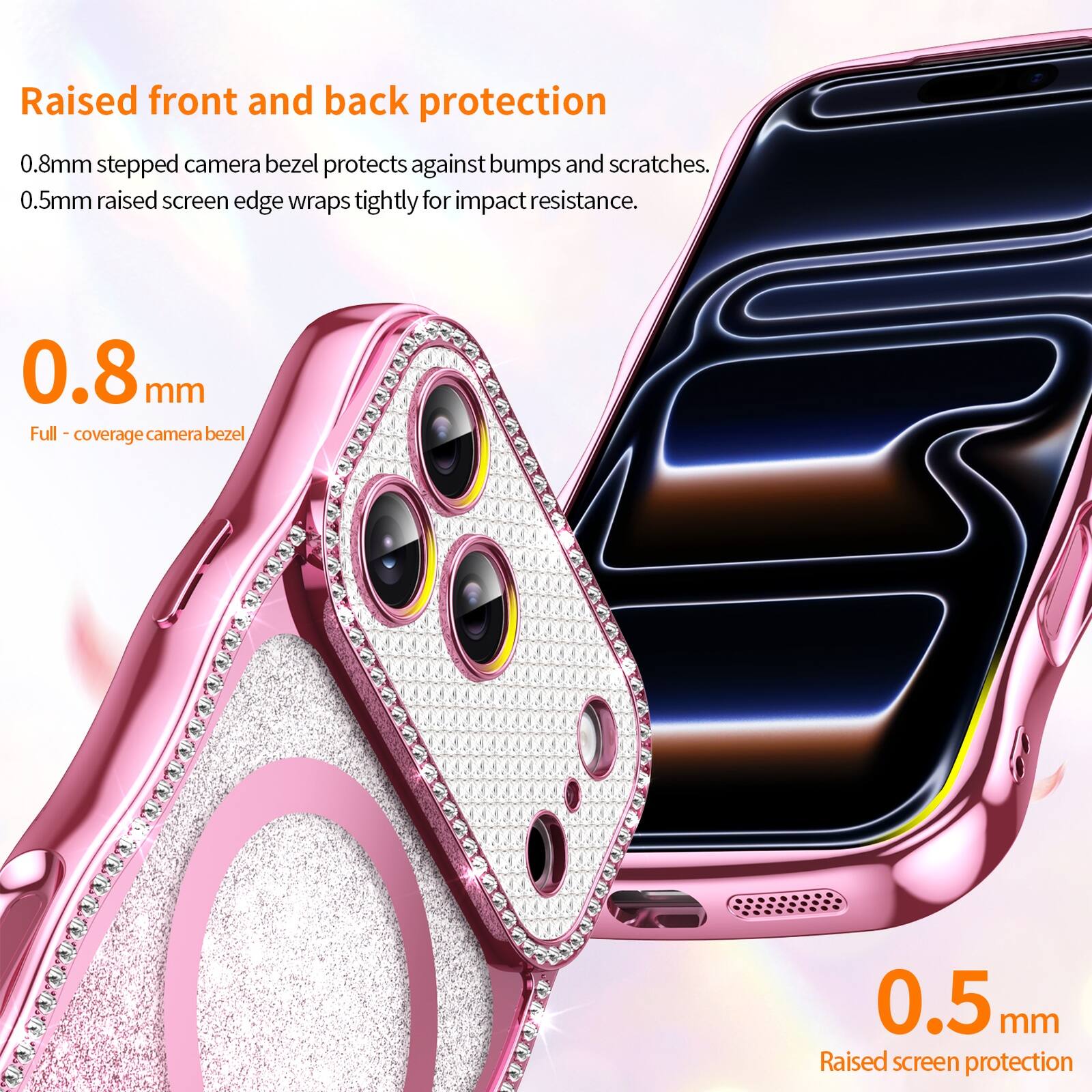 Raised front and back protection  
0.8mm stepped camera bezel protects against bumps and scratches.  
0.5mm raised screen edge wraps tightly for impact resistance.  

0.8mm Full-coverage camera bezel  
0.5mm Raised screen protection