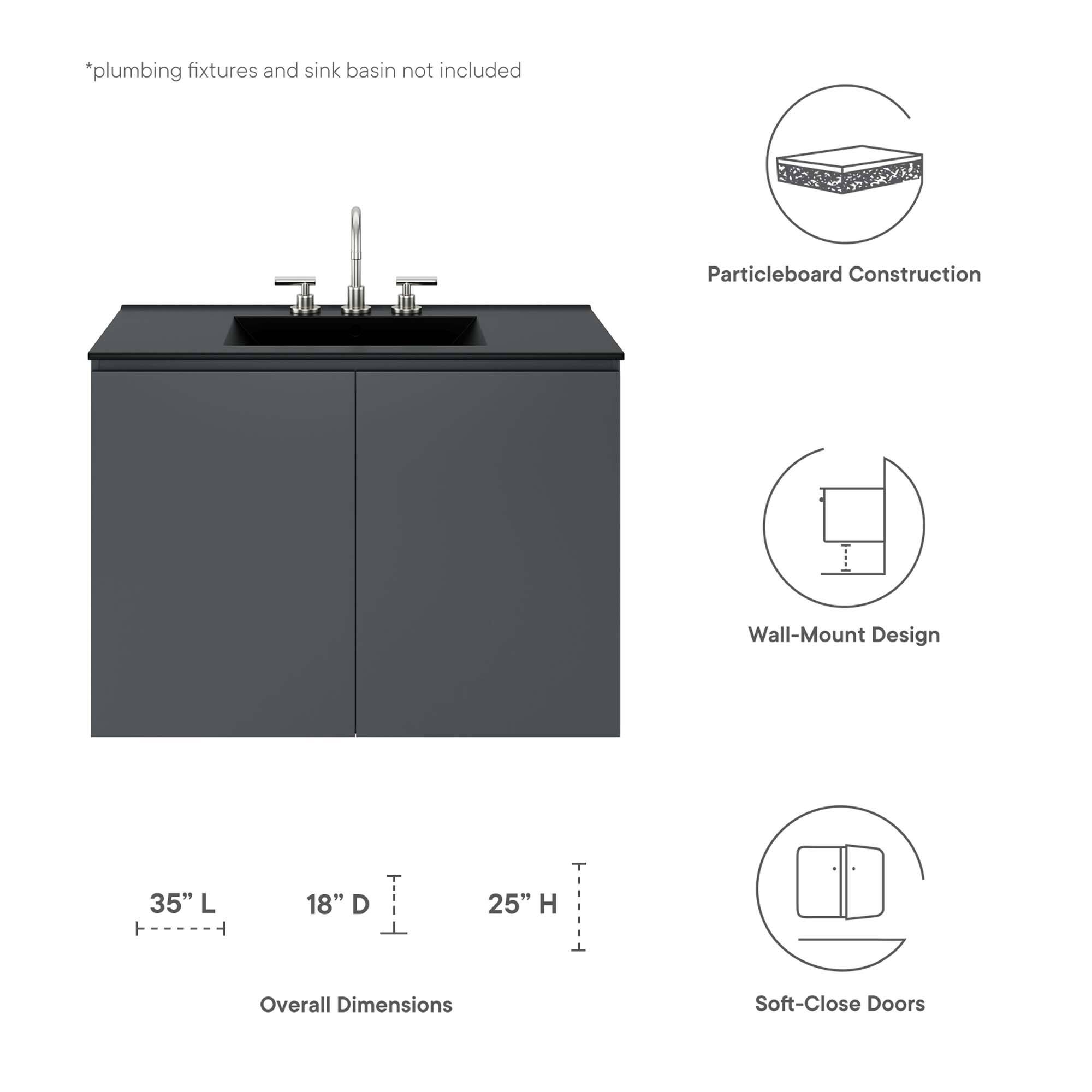 *plumbing fixtures and sink basin not included

Particleboard Construction  
Wall-Mount Design

35" L  
18" D  
25" H

Overall Dimensions

Soft-Close Doors