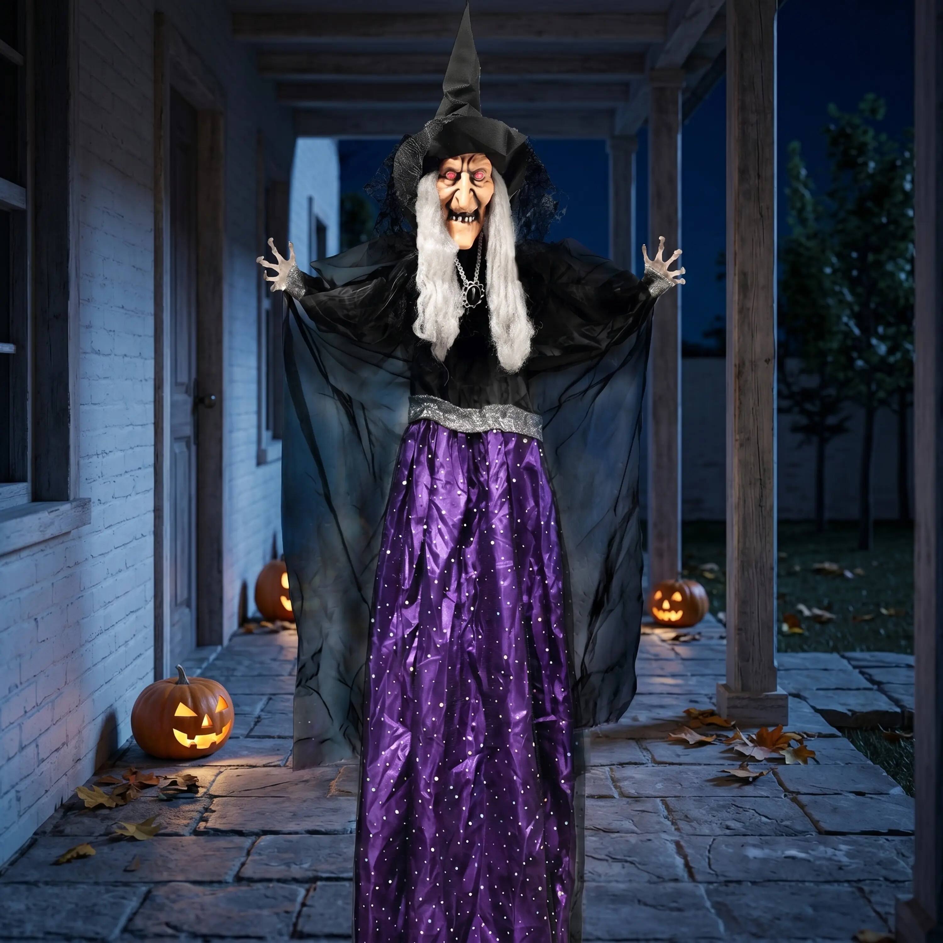 Alt View 1. Joyfy - 47" Motion Activated Witch Halloween Decoration – Life Size Animated Witch with LED Eyes & Sound for Haunted House Yard - Purple.