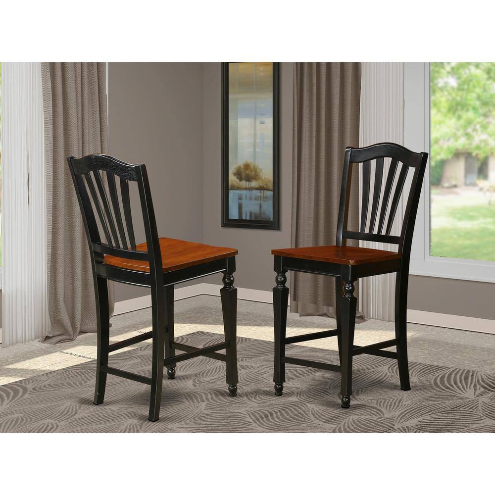 Left. East West Furniture - Chelsea Stools with wood seat, 24" seat height - Black Finish - Black & Cherry.