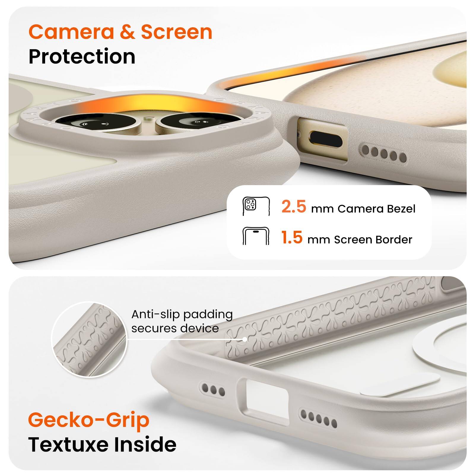 Camera & Screen Protection  
2.5 mm Camera Bezel  
1.5 mm Screen Border  
Anti-slip padding secures device  
Gecko-Grip Textuxe Inside