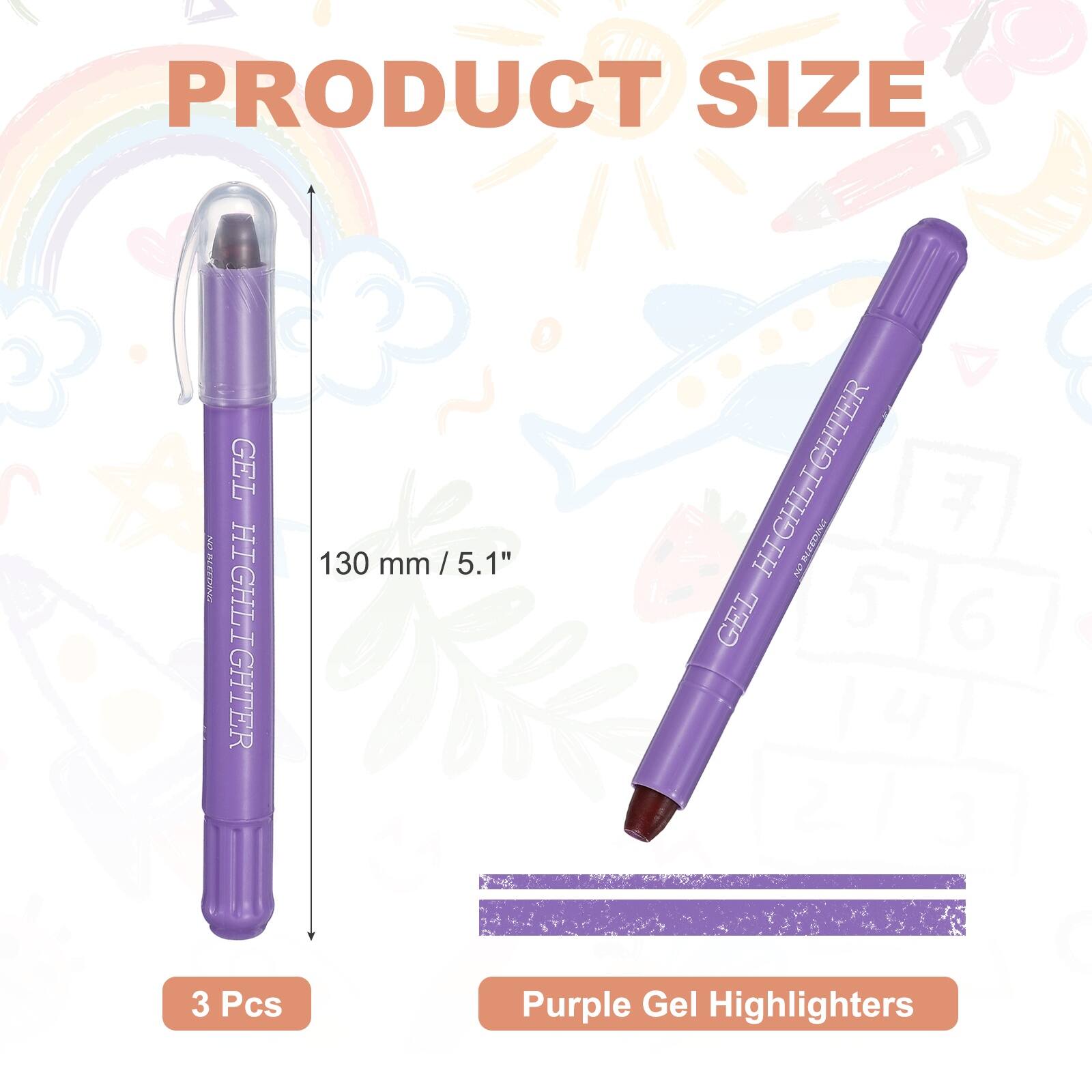 PRODUCT SIZE 4in O...N I GEL I GHL GHTER 130 mm mm / 5.1" GHTER  HIGHLICHT IH CHL ON BLEEN 2 7 GEL 5 6 I 4 a I a 3 Pcs Purple Gel Highlighters

Corrected: PRODUCT SIZE: 130 mm / 5.1" GEL HIGHLIGHTER, 3 Pcs Purple Gel Highlighters