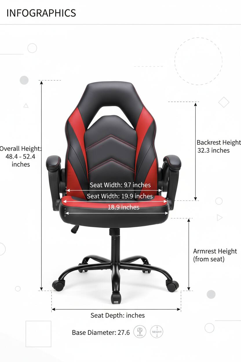 Sure, here is the corrected and grouped text from the infographic:

---

**INFOGRAPHICS**

- **Overall Height:** 48.4 - 52.4 inches
- **Backrest Height:** 32.3 inches
- **Seat Width:** 9.7 inches
- **Seat Width:** 19.9 inches
- **Seat Depth:** inches
- **Base Diameter:** 27.6 inches
- **Armrest Height (from seat):** inches

---

Note: The "Seat Depth" and "Armrest Height (from seat)" measurements are not specified in the image.