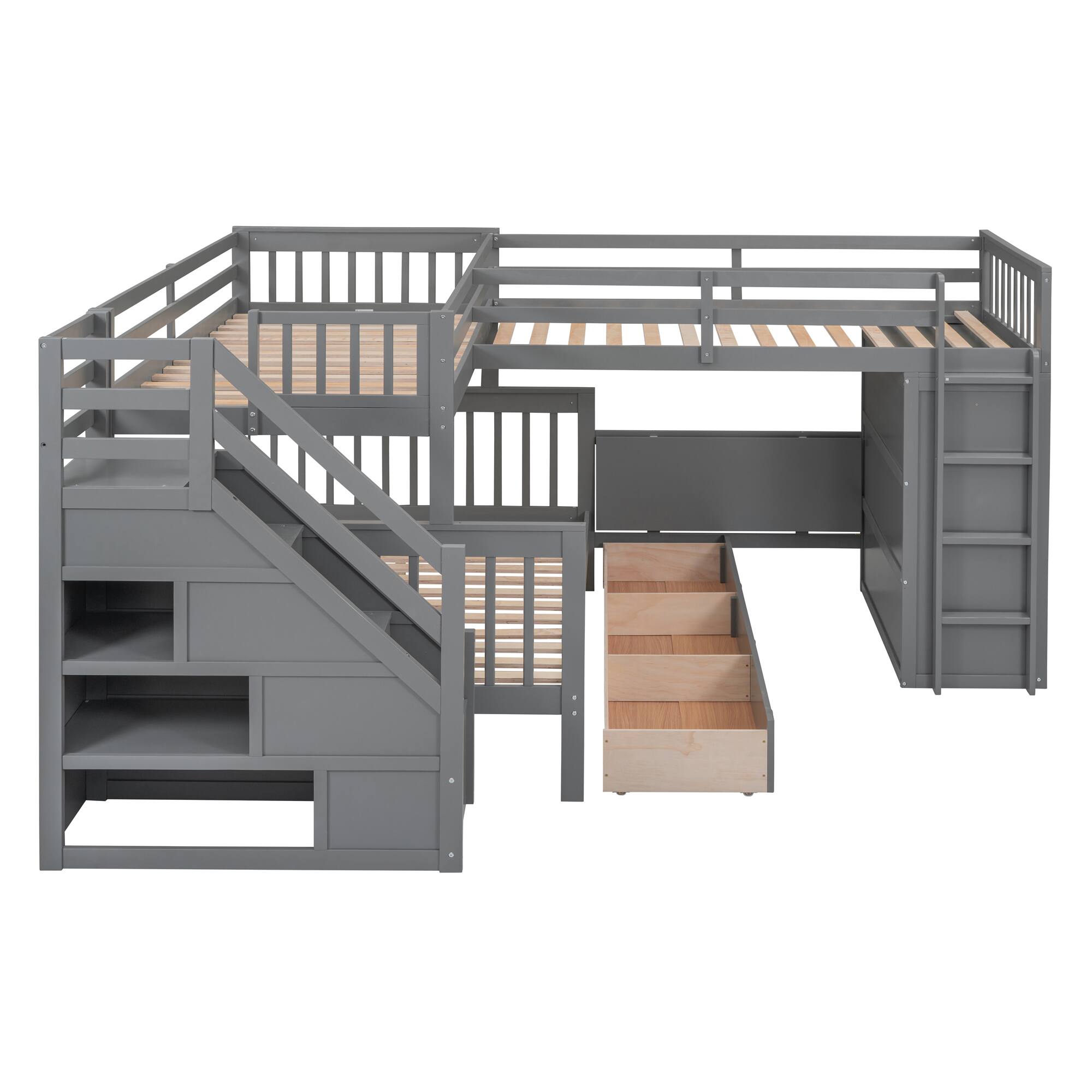 Alt View 7. Tiramisubest - Twin-Twin Full L-Shaped Bunk Bed with 3 Drawers, Desk & Wardrobe, Gray - Gray.