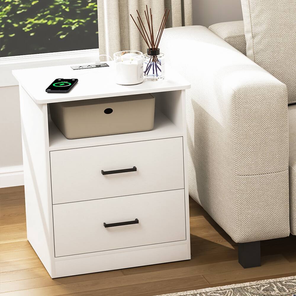 Angle. Spaco - Spaco Nightstand with 2 Drawers, Fast Charging Station, USB C, AC Outlets,Bedside Table for Bedroom Living Room - White.