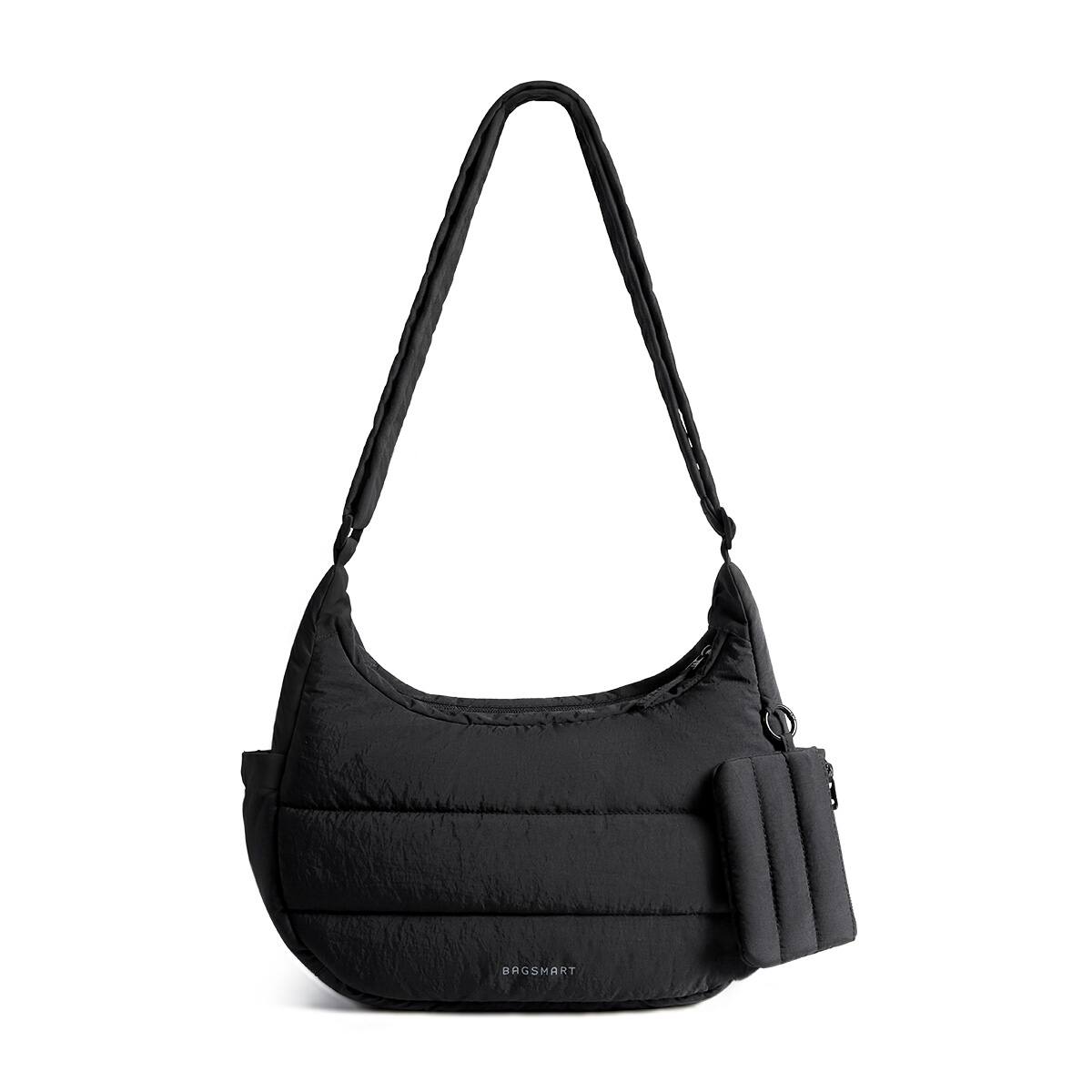 Front. Bagsmart - Large Puffer Crossbody Hobo Bag, 3-Way Carry Sling with Adjustable Strap & Dual Water Bottle Pockets for Daily Use - Black.