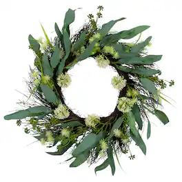 Northlight - Eucalyptus and Sweet Gum Flowers Twig Spring Wreath - 24" - and White - Green