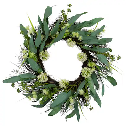 Front. Northlight - Eucalyptus and Sweet Gum Flowers Twig Spring Wreath - 24" - Green and White - Green.