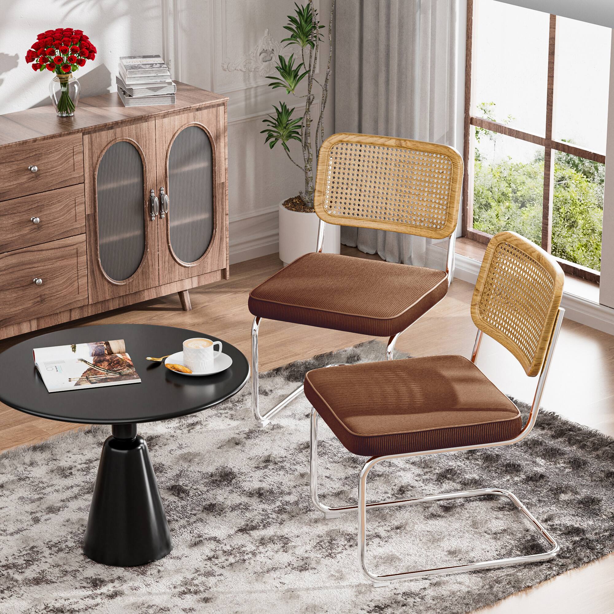 Angle. KERDOM - Rattan Dining Chairs 2 Pcs Set With Foot Pads, Mid-Century Style Velvet, Cesca Style, Farmhouse Boho Garden Accent Chair - Brown.