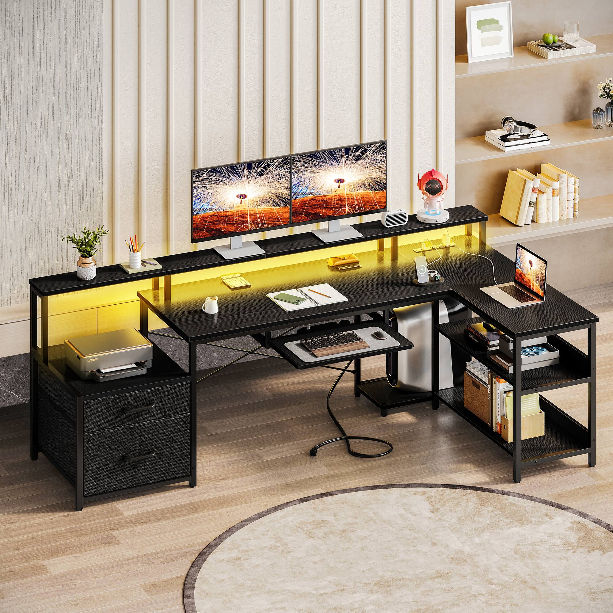 Alt View 2. AODK - L-Shaped Reversible Computer Desk with LED Lights, File Drawer, Power Outlets, Storage Shelves & Keyboard Tray - Black.