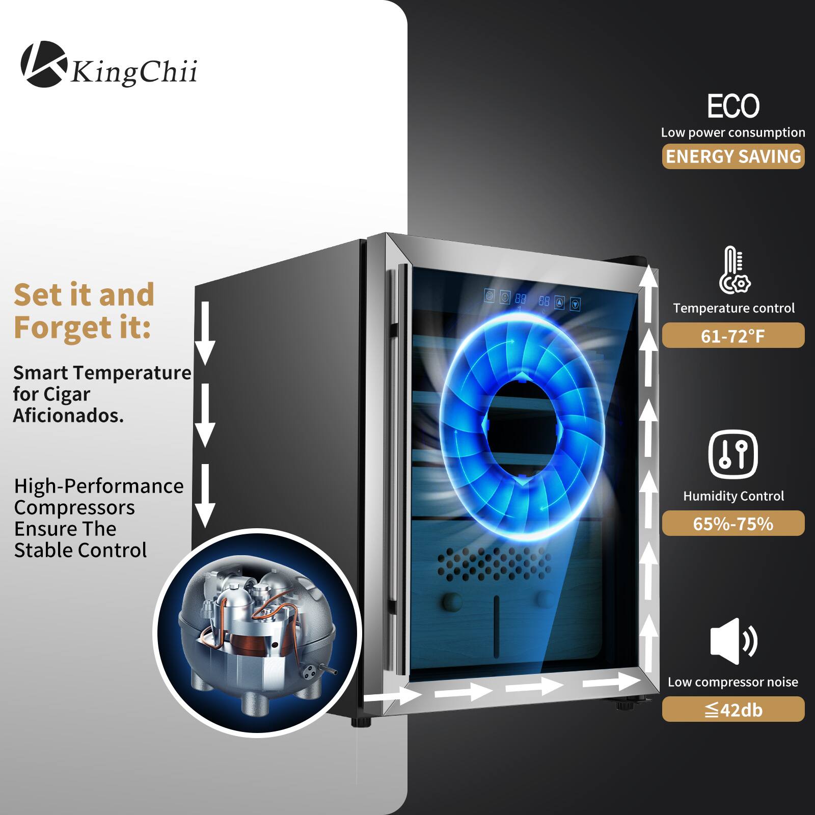 KingChii ECO Low power consumption ENERGY SAVING

Set it and Forget it: Smart Temperature for Cigar Aficionados.

High-Performance Compressors Ensure The Stable Control

Temperature control 61-72°F

Humidity Control 65%-75%

Low compressor noise ≤42db